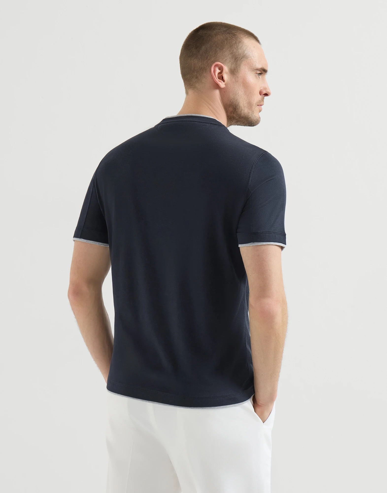 Silk and cotton lightweight jersey crew neck t-shirt with faux-layering-BRUNELLO CUCINELLI-Verso