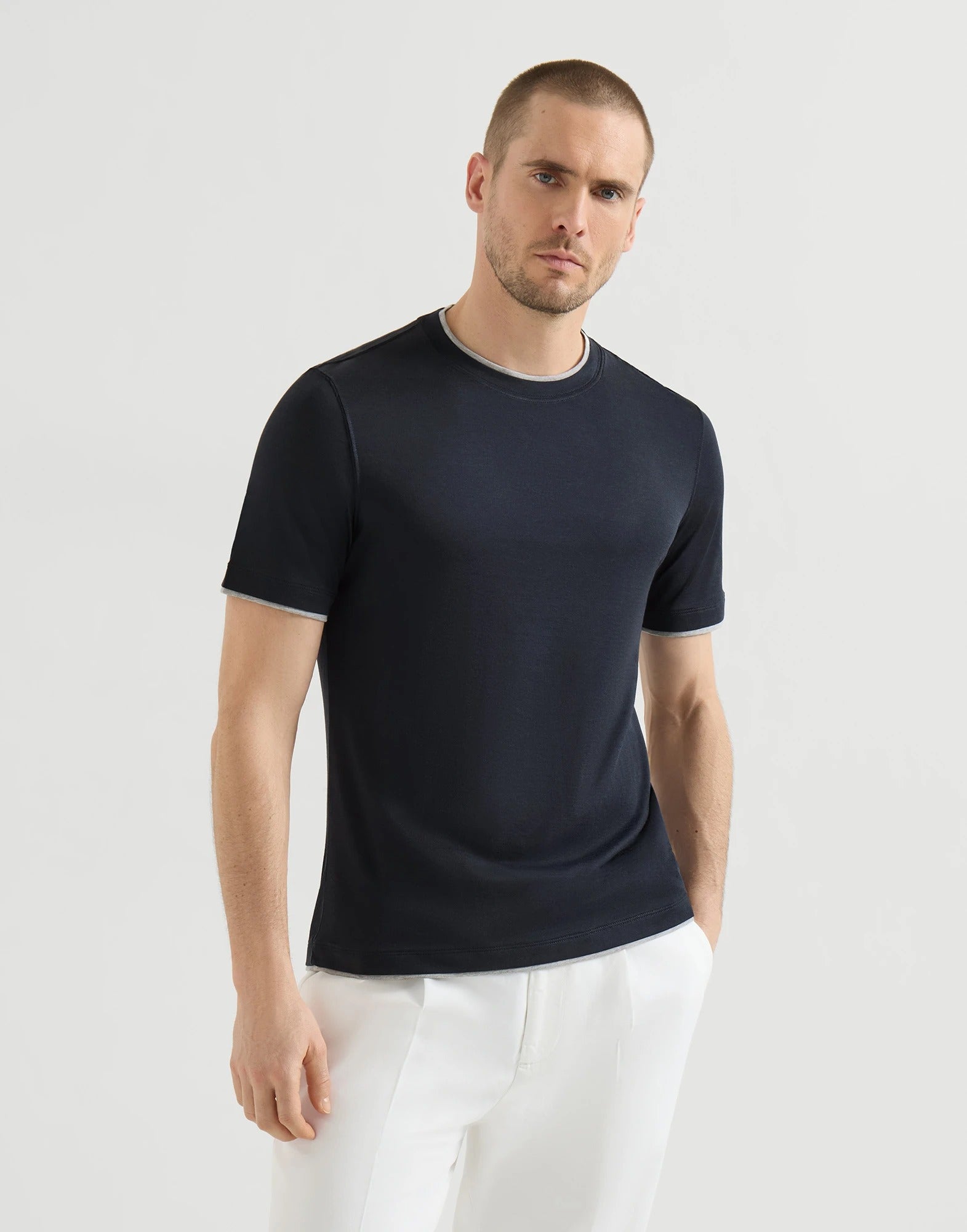 Silk and cotton lightweight jersey crew neck t-shirt with faux-layering-BRUNELLO CUCINELLI-Verso