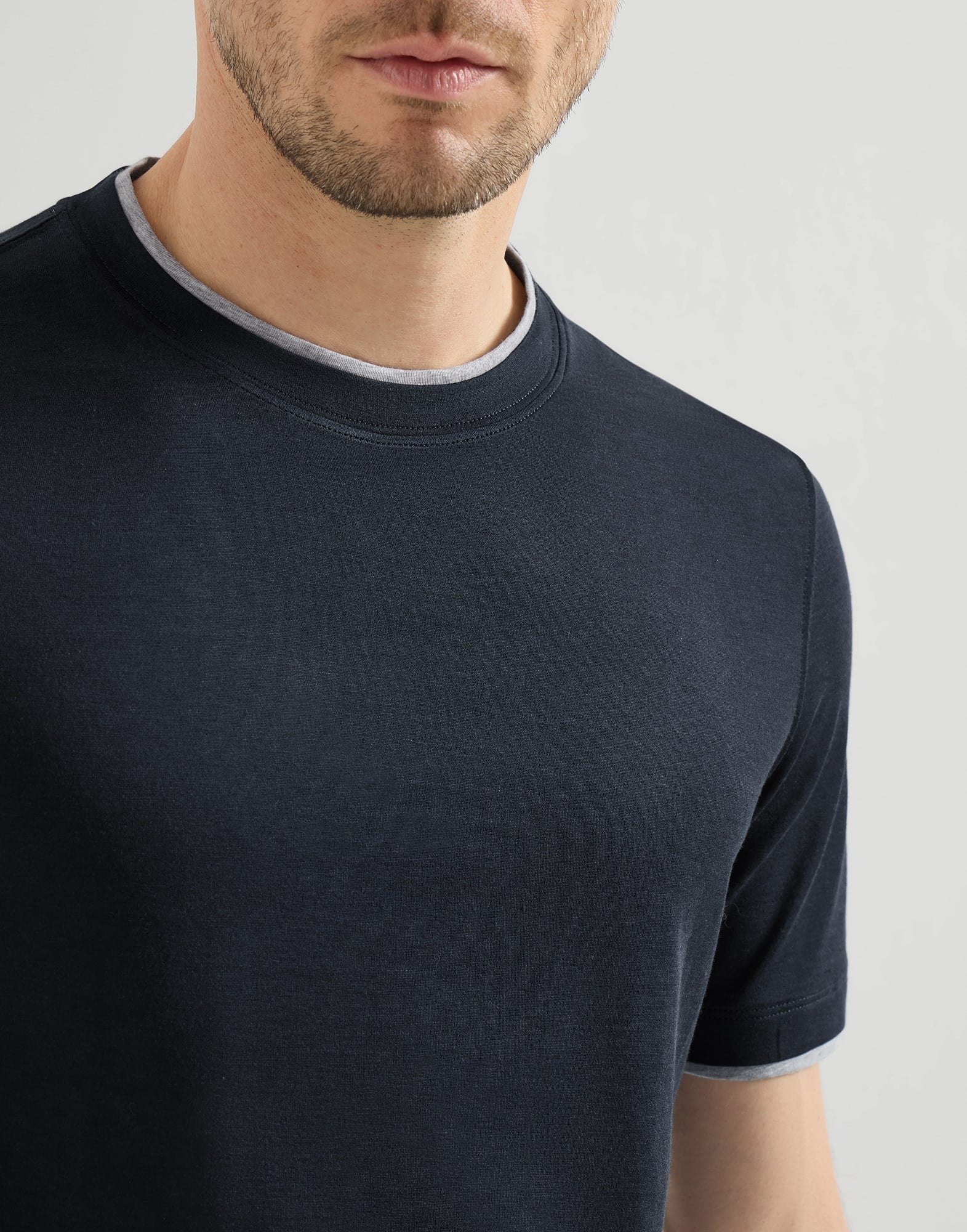 Silk and cotton lightweight jersey crew neck t-shirt with faux-layering-BRUNELLO CUCINELLI-Verso