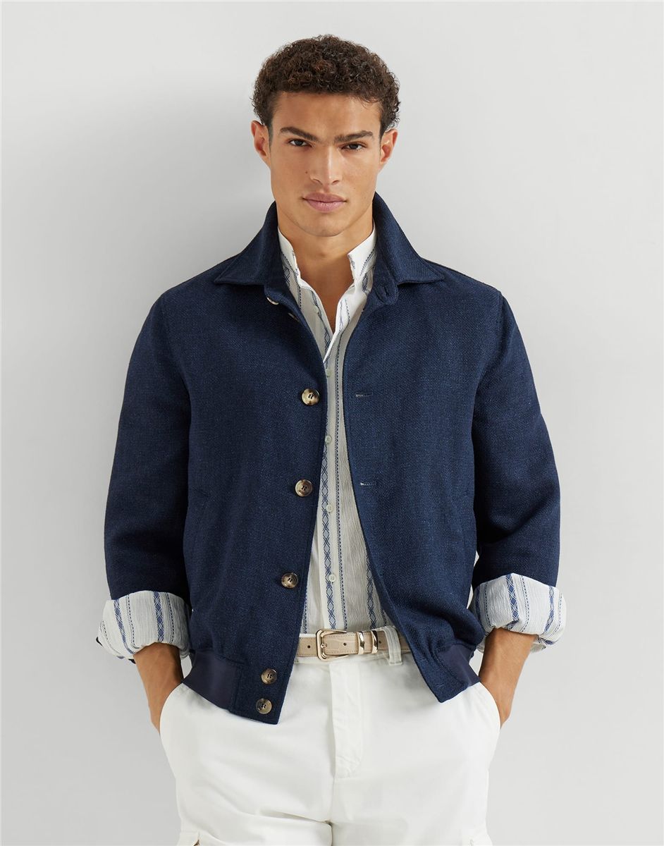 Silk, linen and wool hopsack outerwear jacket-BRUNELLO CUCINELLI-Verso