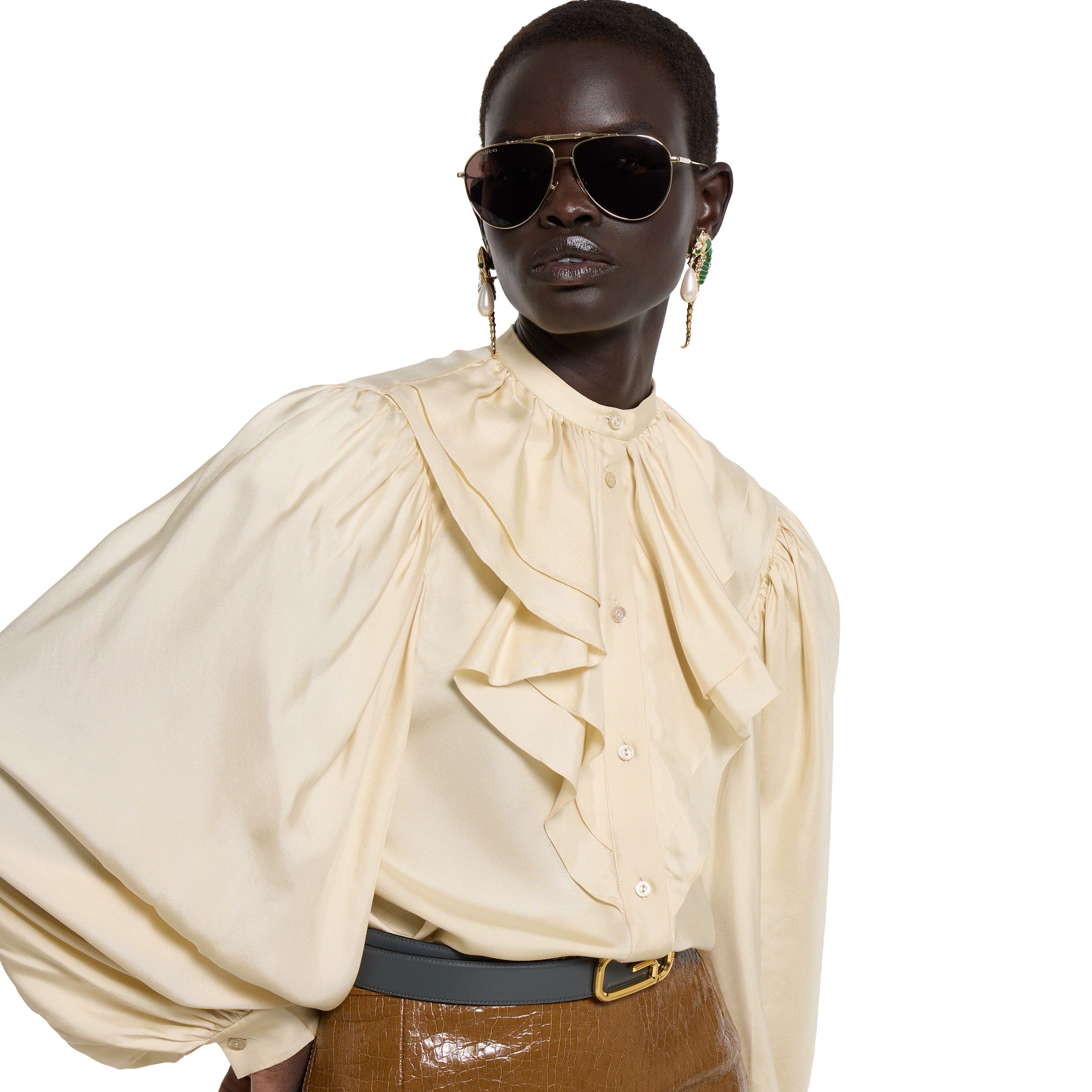 Silk twill shirt with ruffle trim-GUCCI-Verso