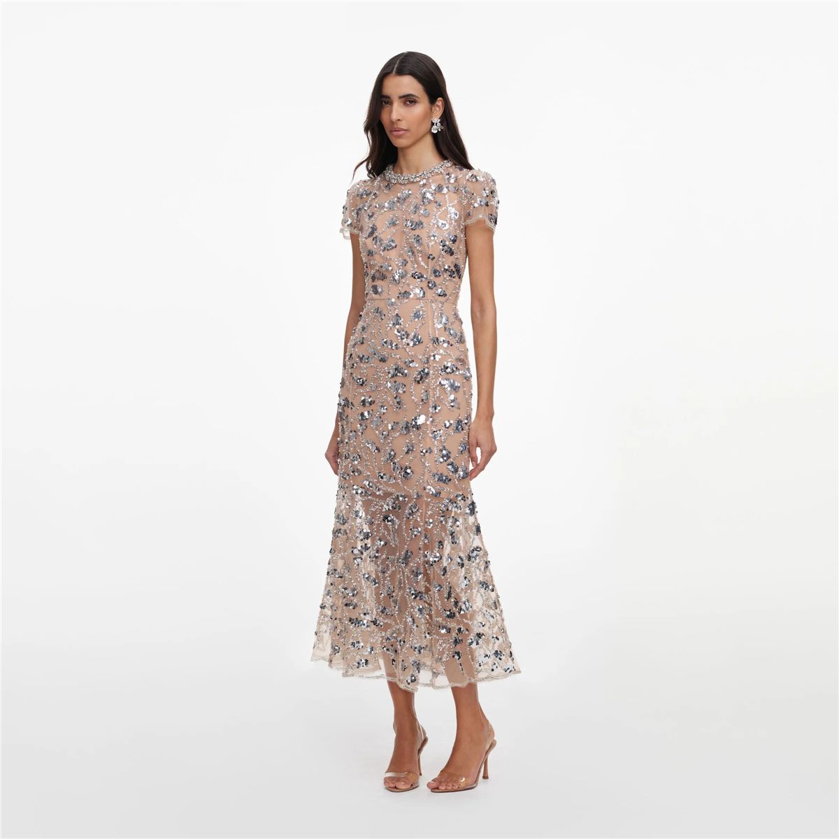 Silver Sequin Embellished Midi Dress-SELF-PORTRAIT-Verso