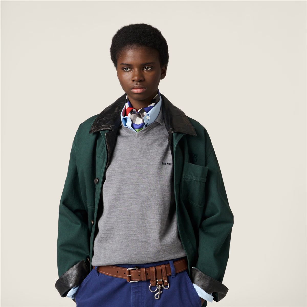 Single-breasted garment-dyed gabardine and leather jacket-MIU MIU-Verso