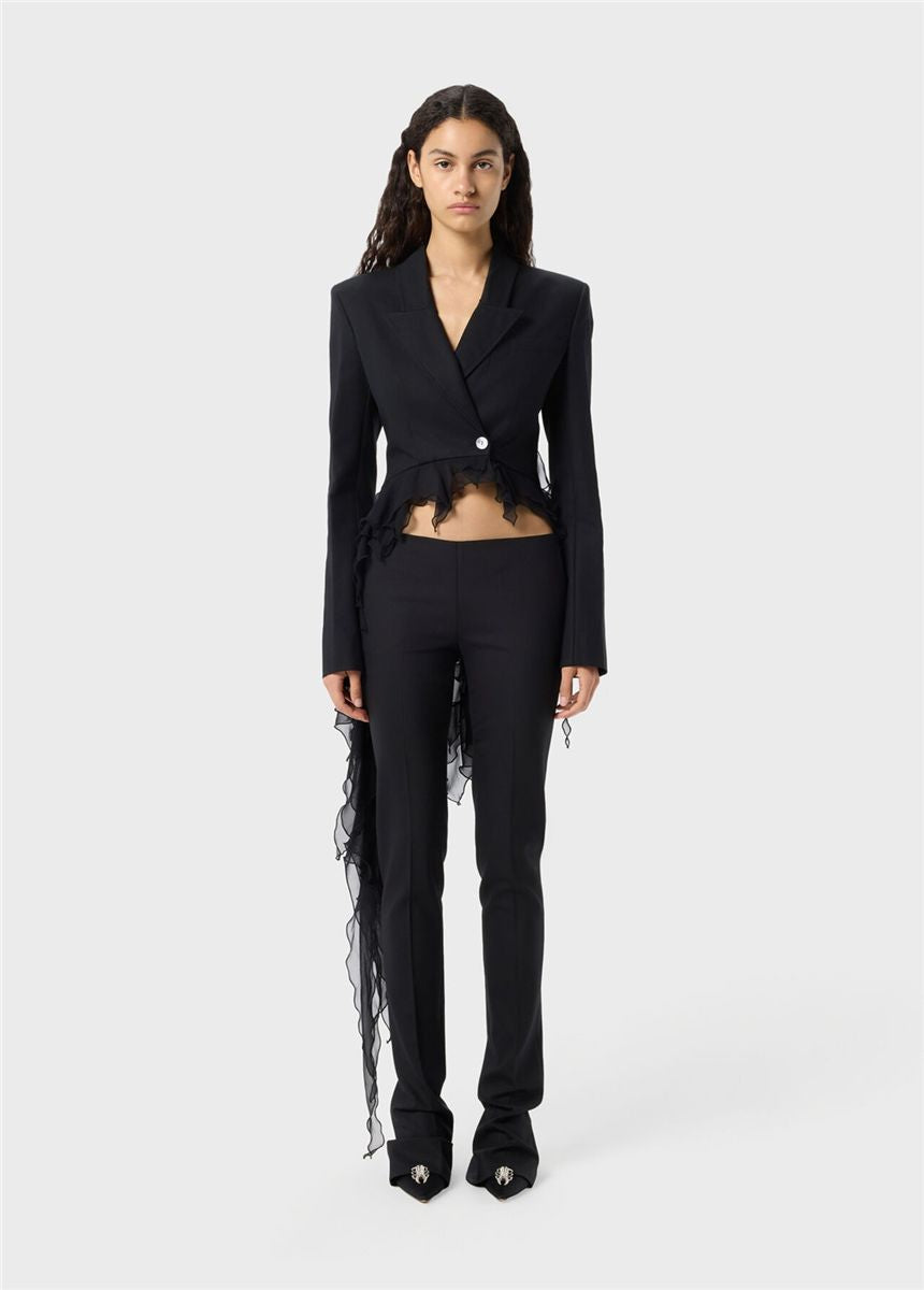 Single-breasted satin jacket with ruffles-BLUMARINE-Verso