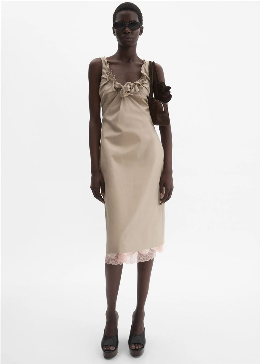 Sleeveless dress with draped neckline in beige-MAGDA BUTRYM-Verso