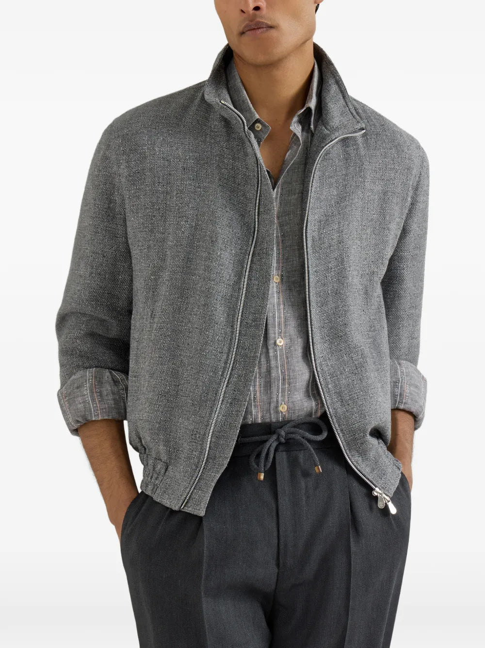 Stand collar hopsack outerwear jacket-BRUNELLO CUCINELLI-Verso