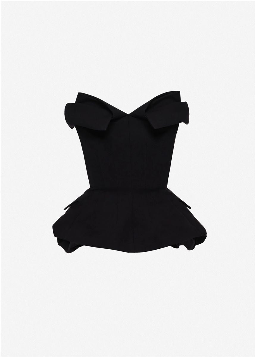 Strapless cotton blouse with rose peplum in black-MAGDA BUTRYM-Verso