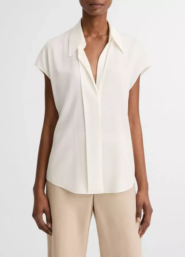 Stretch-silk hidden-placket cap-sleeve blouse-VINCE-Verso