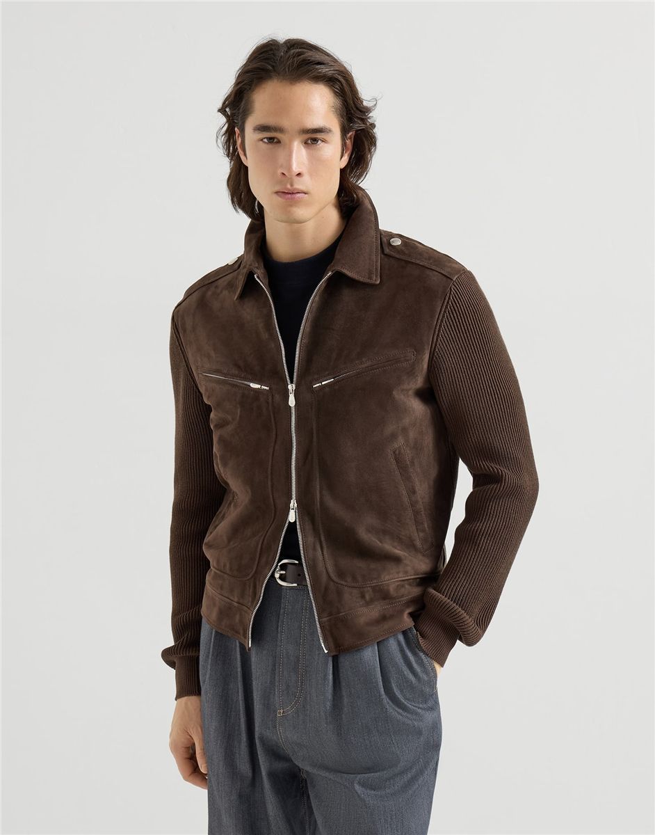 Suede and cotton knit outerwear jacket-BRUNELLO CUCINELLI-Verso