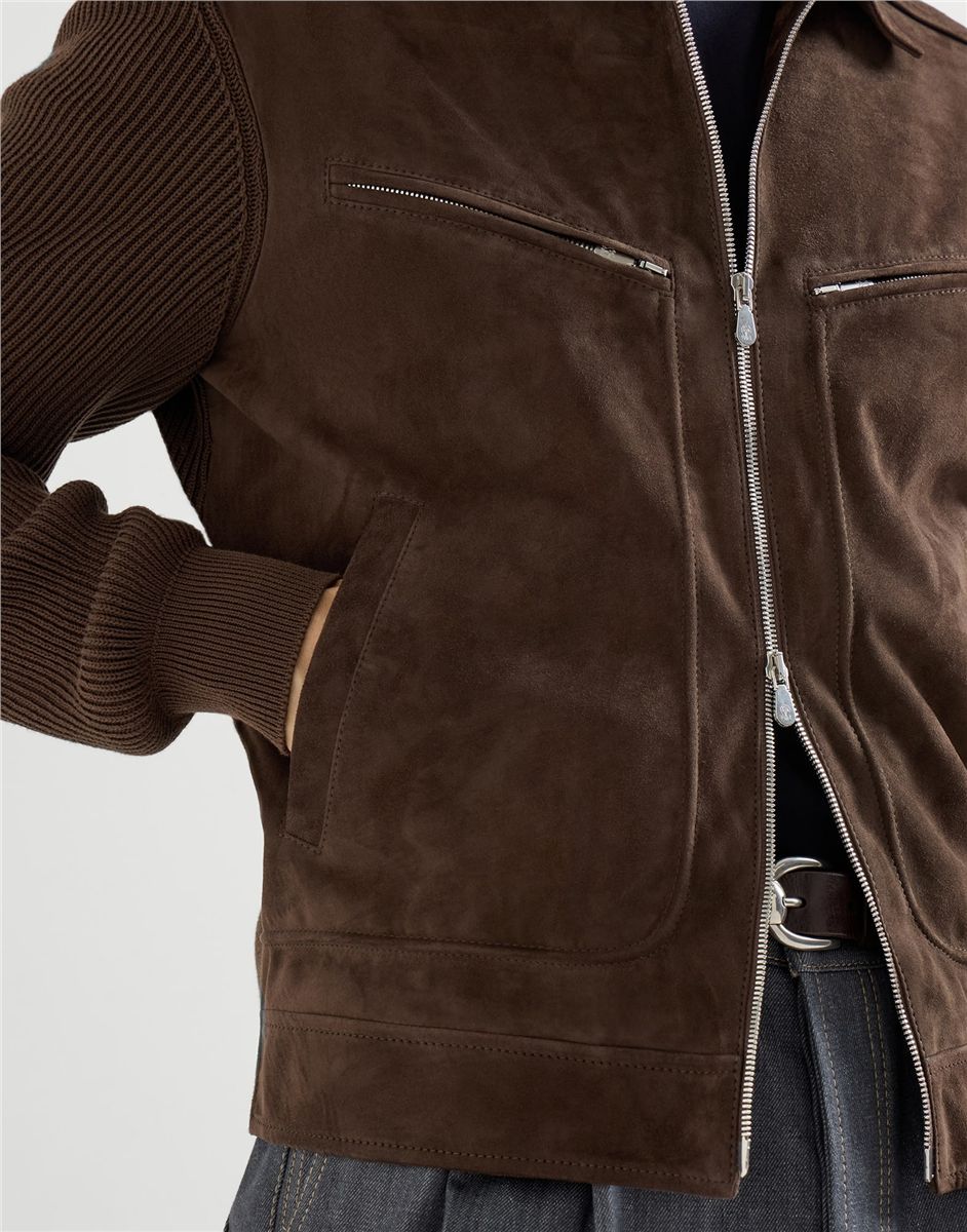 Suede and cotton knit outerwear jacket-BRUNELLO CUCINELLI-Verso