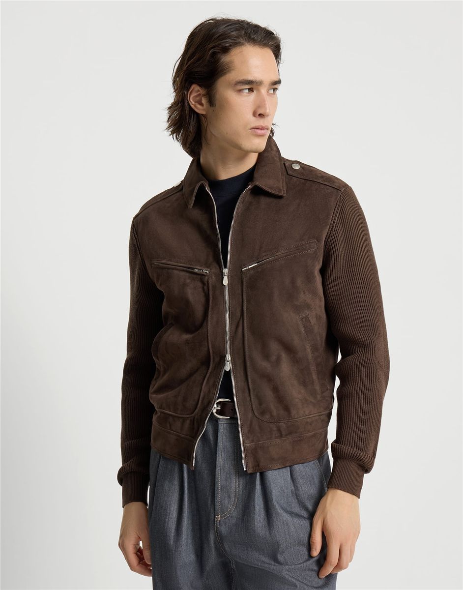 Suede and cotton knit outerwear jacket-BRUNELLO CUCINELLI-Verso