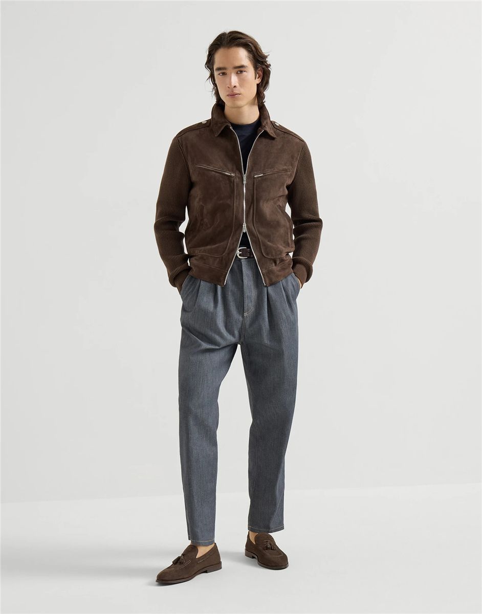 Suede and cotton knit outerwear jacket-BRUNELLO CUCINELLI-Verso