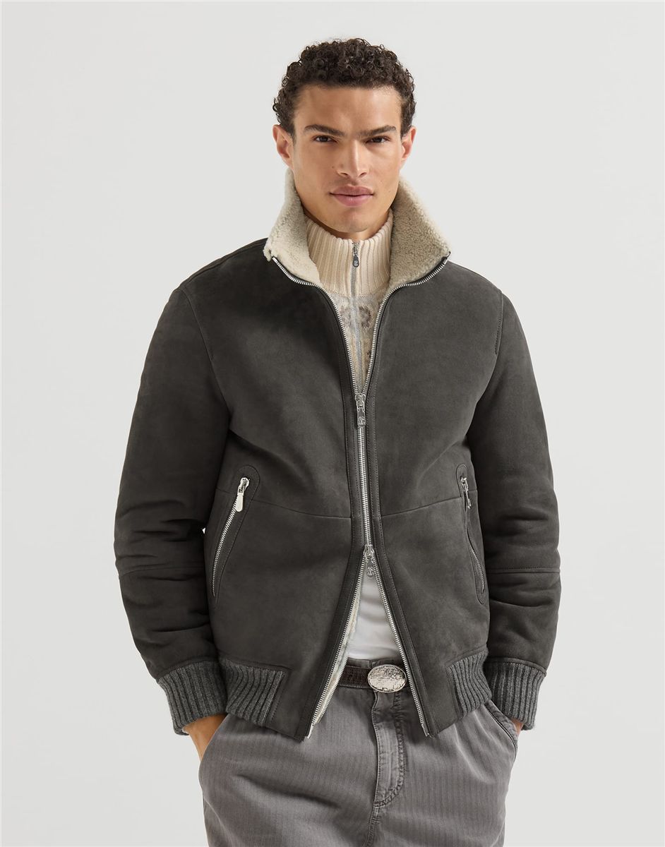 Suede curly shearling bomber jacket-BRUNELLO CUCINELLI-Verso