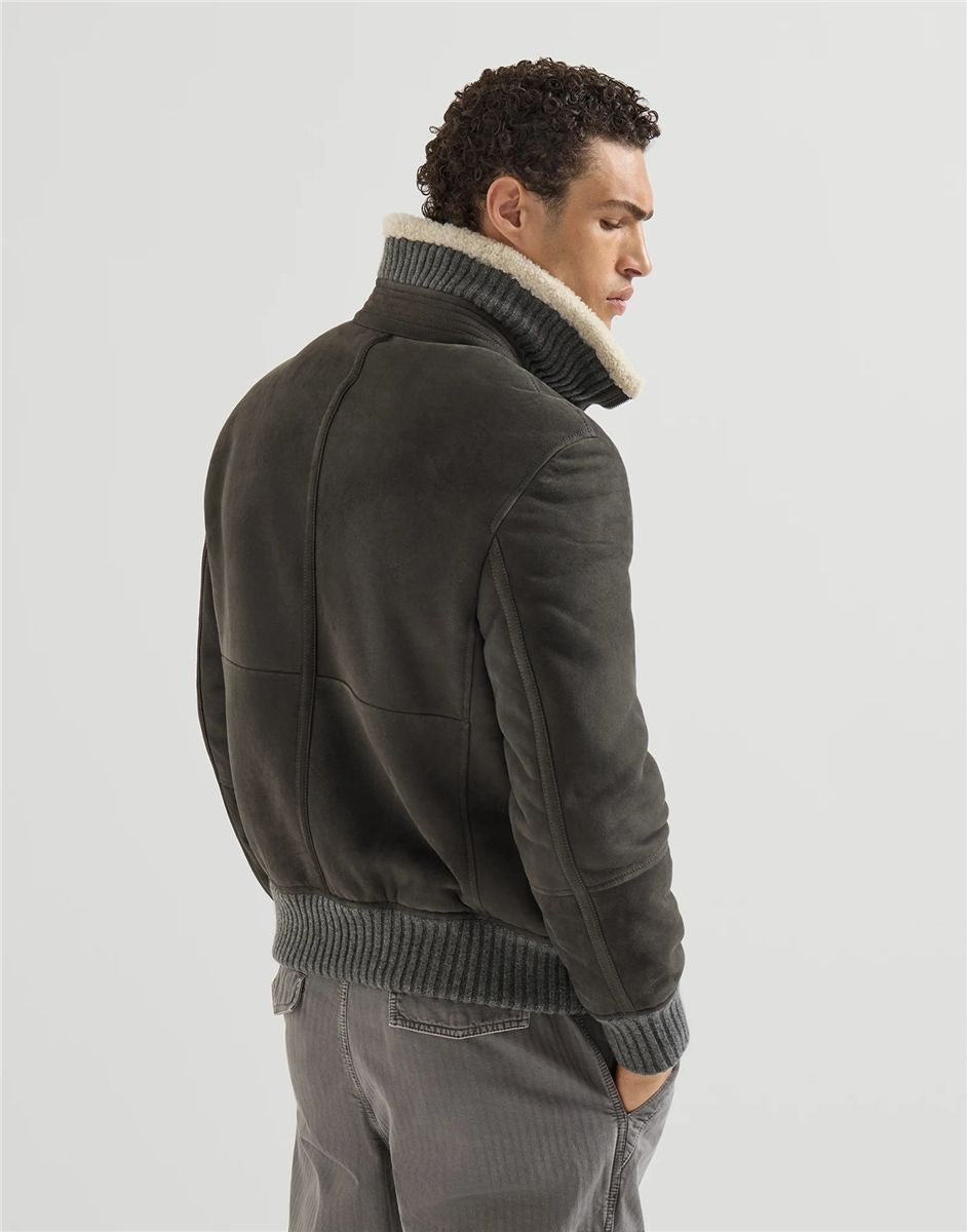 Suede curly shearling bomber jacket-BRUNELLO CUCINELLI-Verso