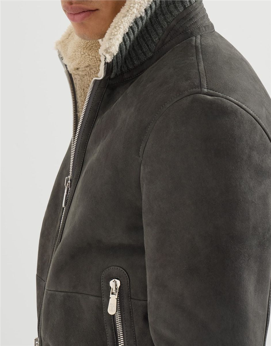 Suede curly shearling bomber jacket-BRUNELLO CUCINELLI-Verso