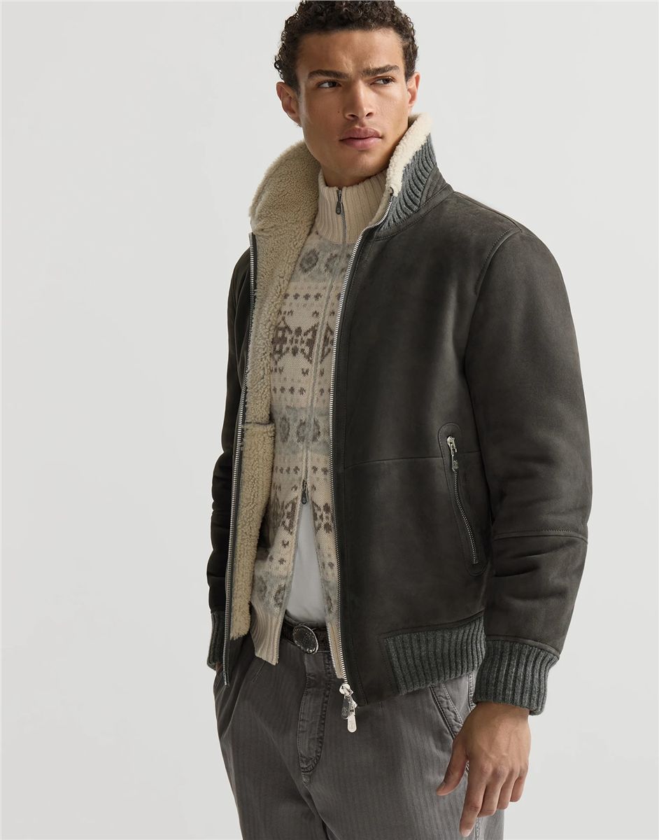 Suede curly shearling bomber jacket-BRUNELLO CUCINELLI-Verso
