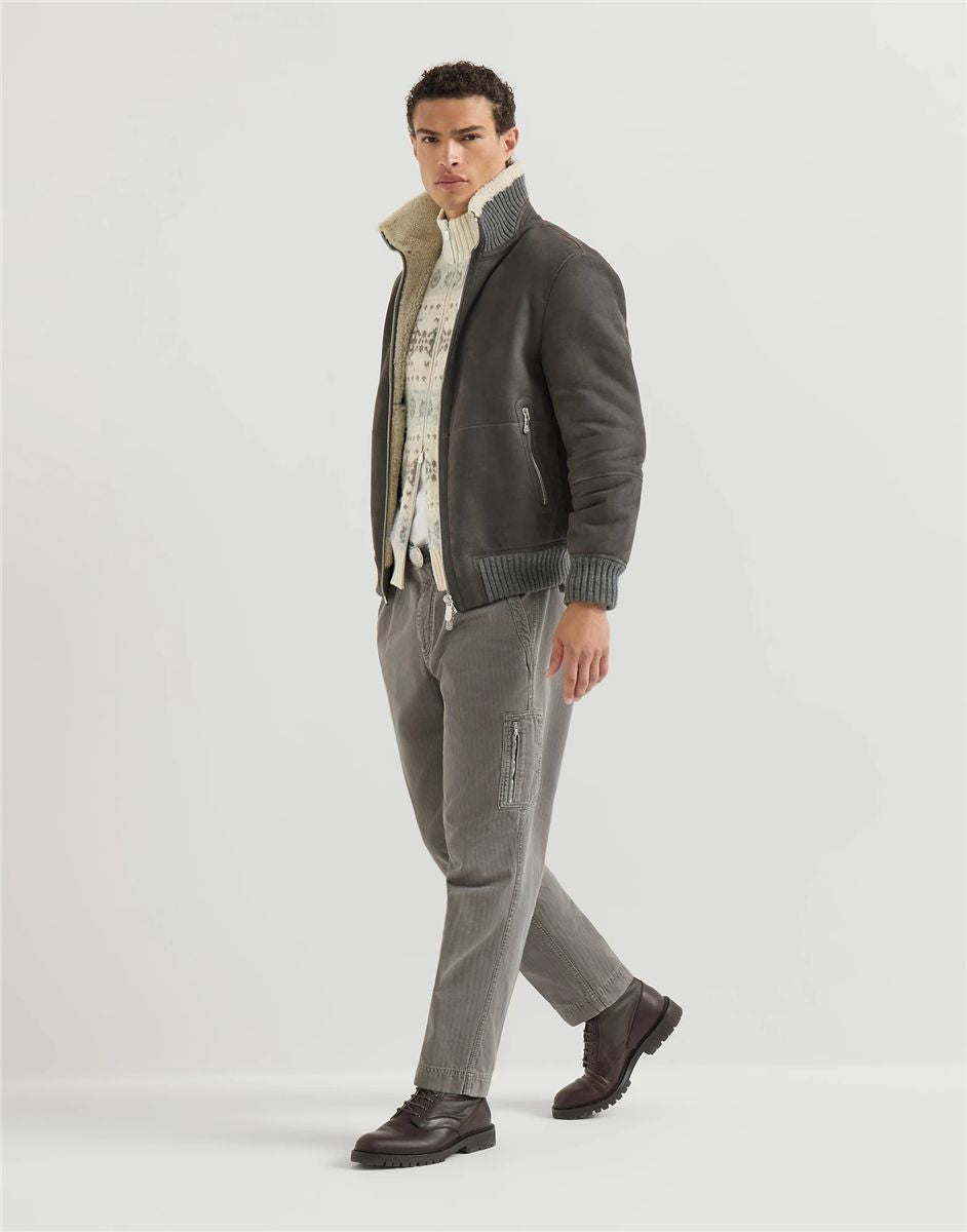 Suede curly shearling bomber jacket-BRUNELLO CUCINELLI-Verso
