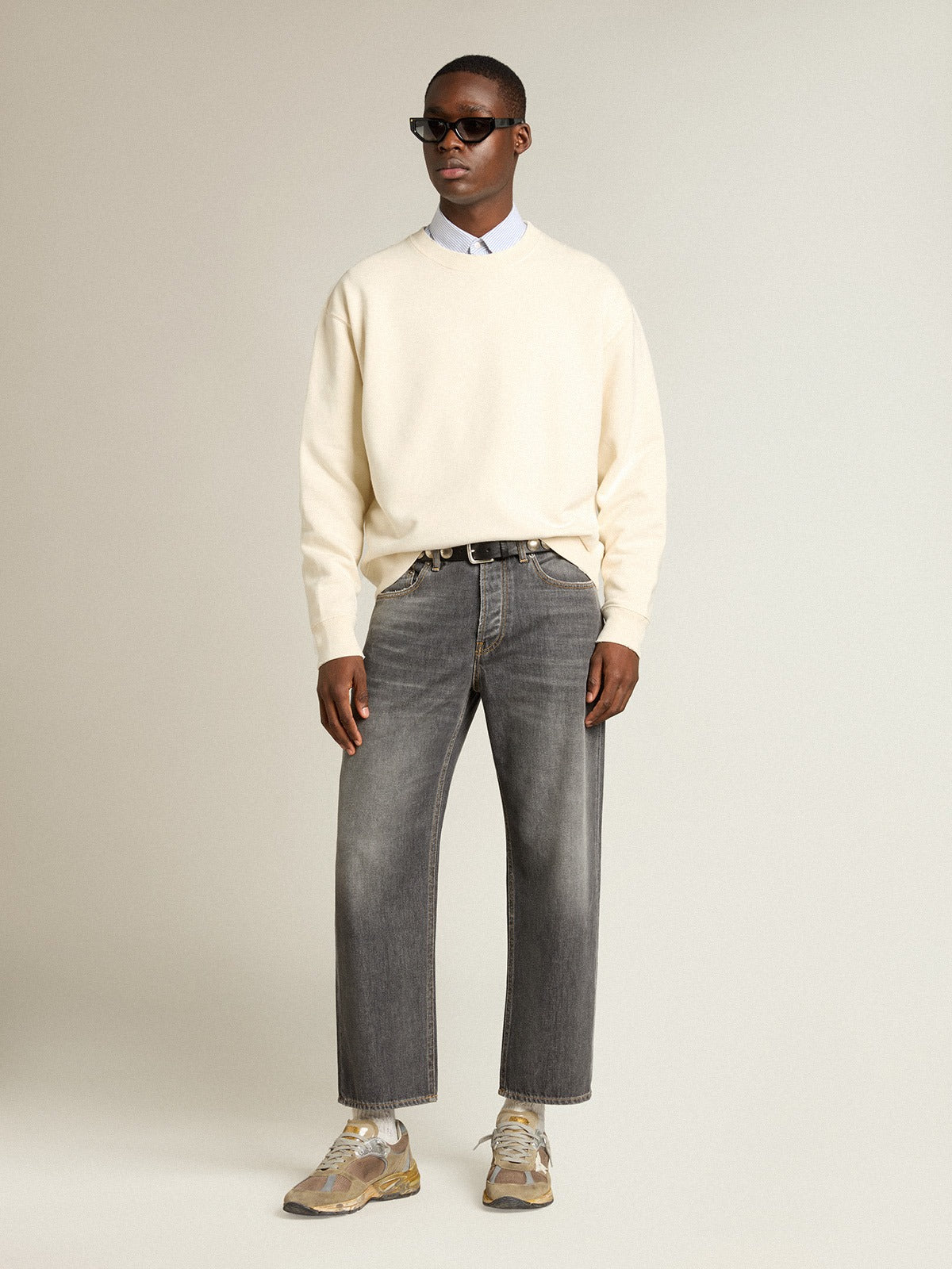 Sweatshirt in Aged White with Reverse Logo on the Back-GOLDEN GOOSE-Verso