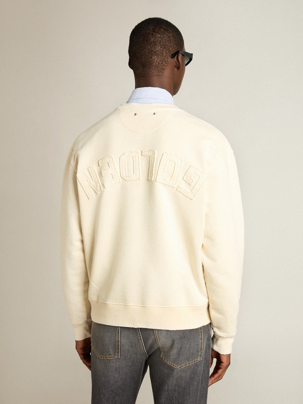 Sweatshirt in Aged White with Reverse Logo on the Back-GOLDEN GOOSE-Verso