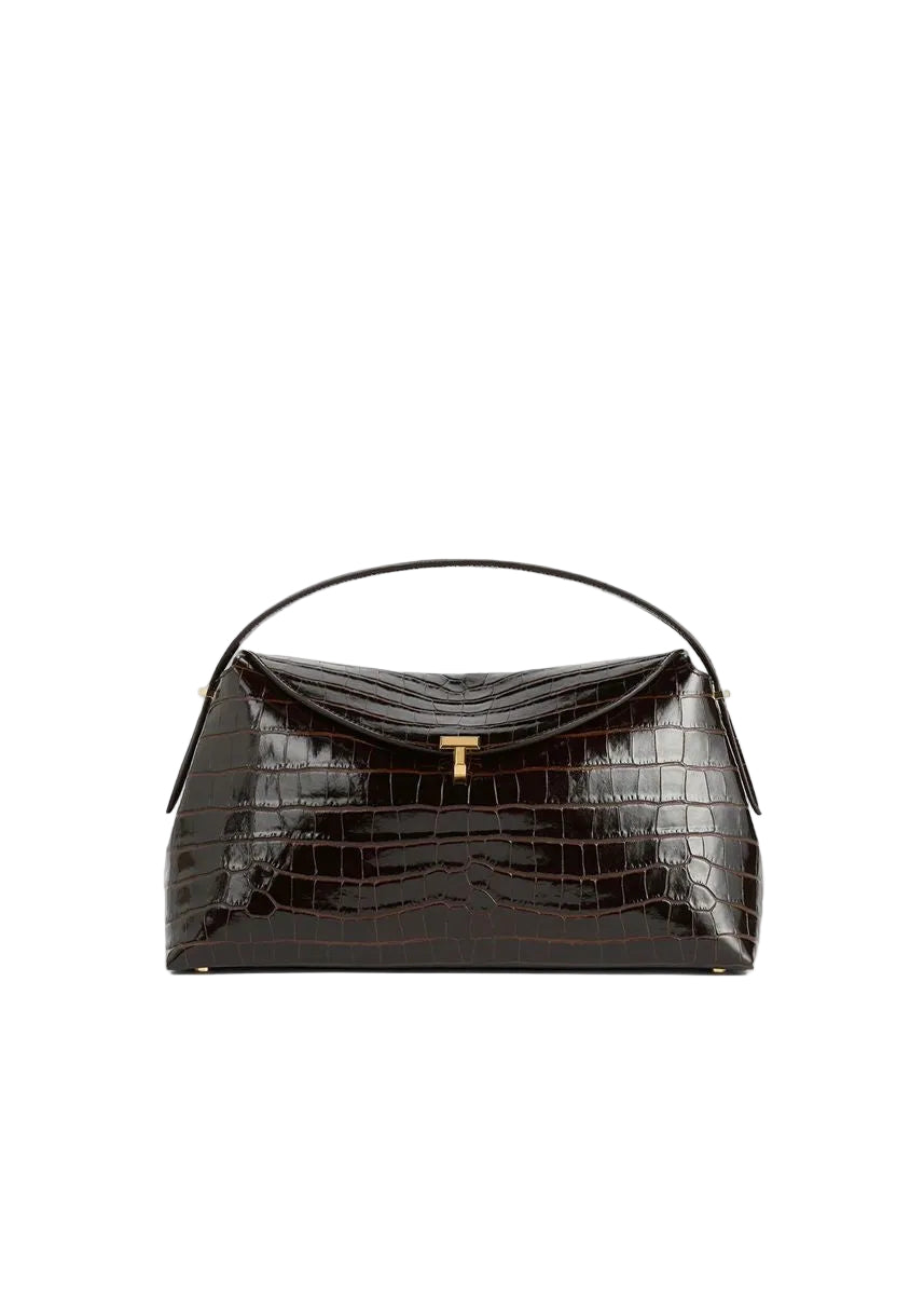 T-lock croco-embossed top handle dark brown