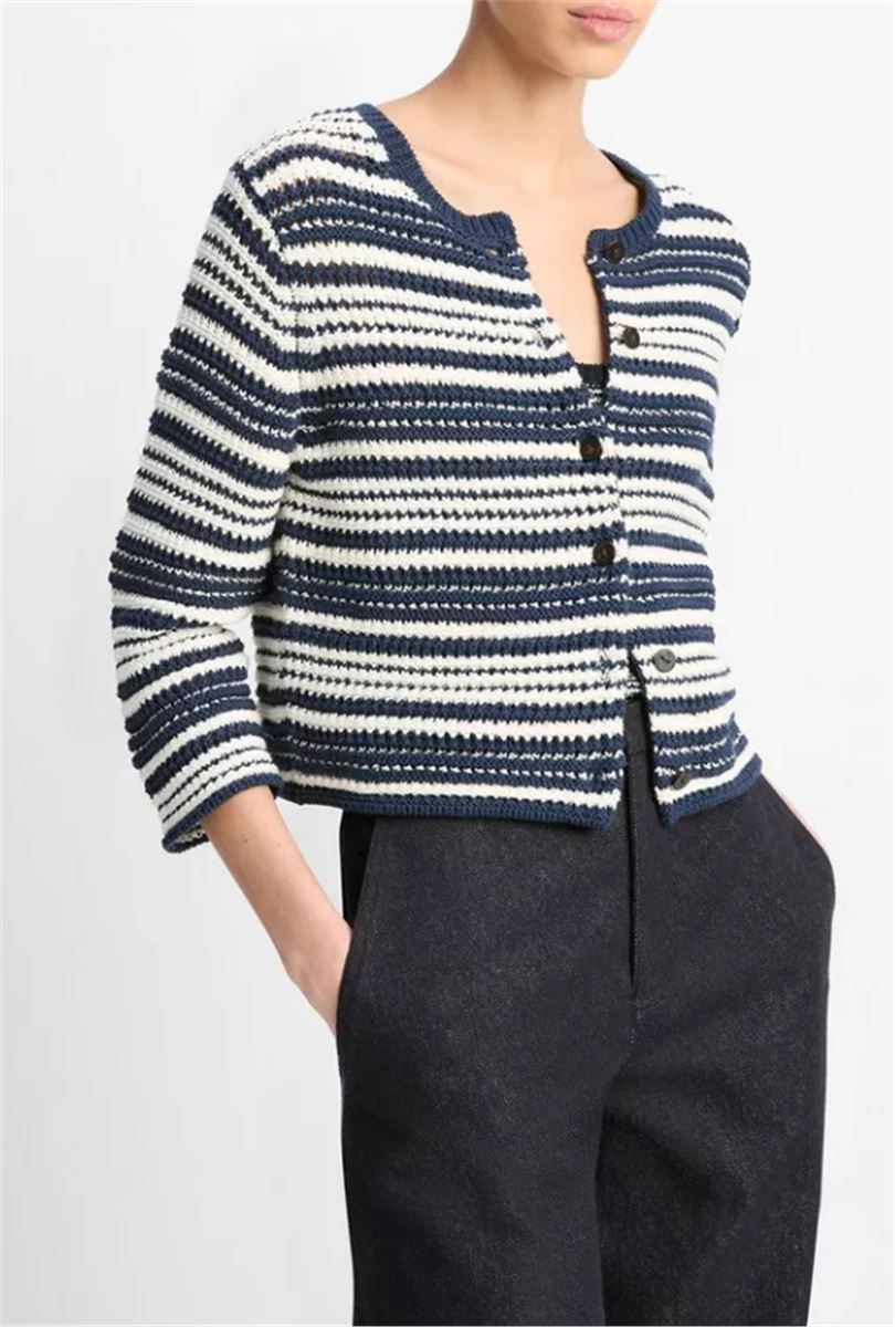 TEXTURED STRIPE ITALIAN COTTON CARDIGAN-VINCE-Verso