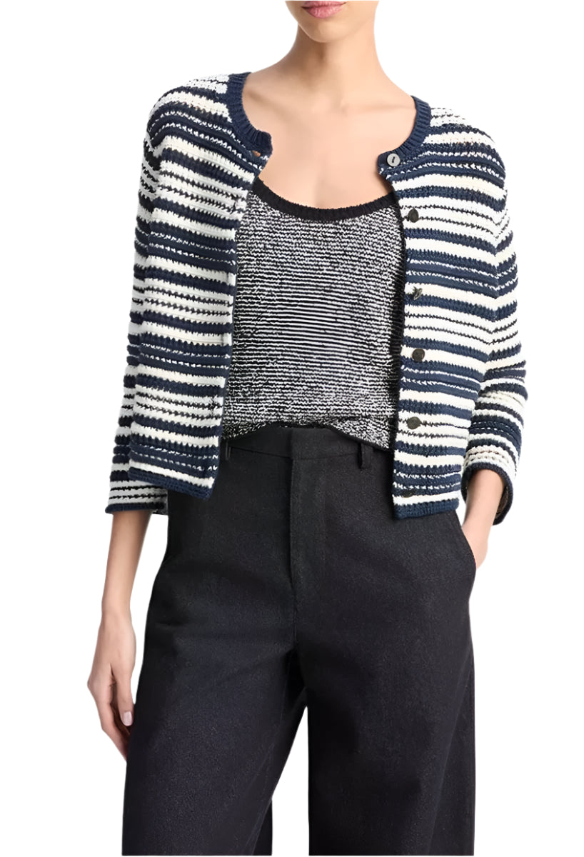 TEXTURED STRIPE ITALIAN COTTON CARDIGAN-VINCE-Verso