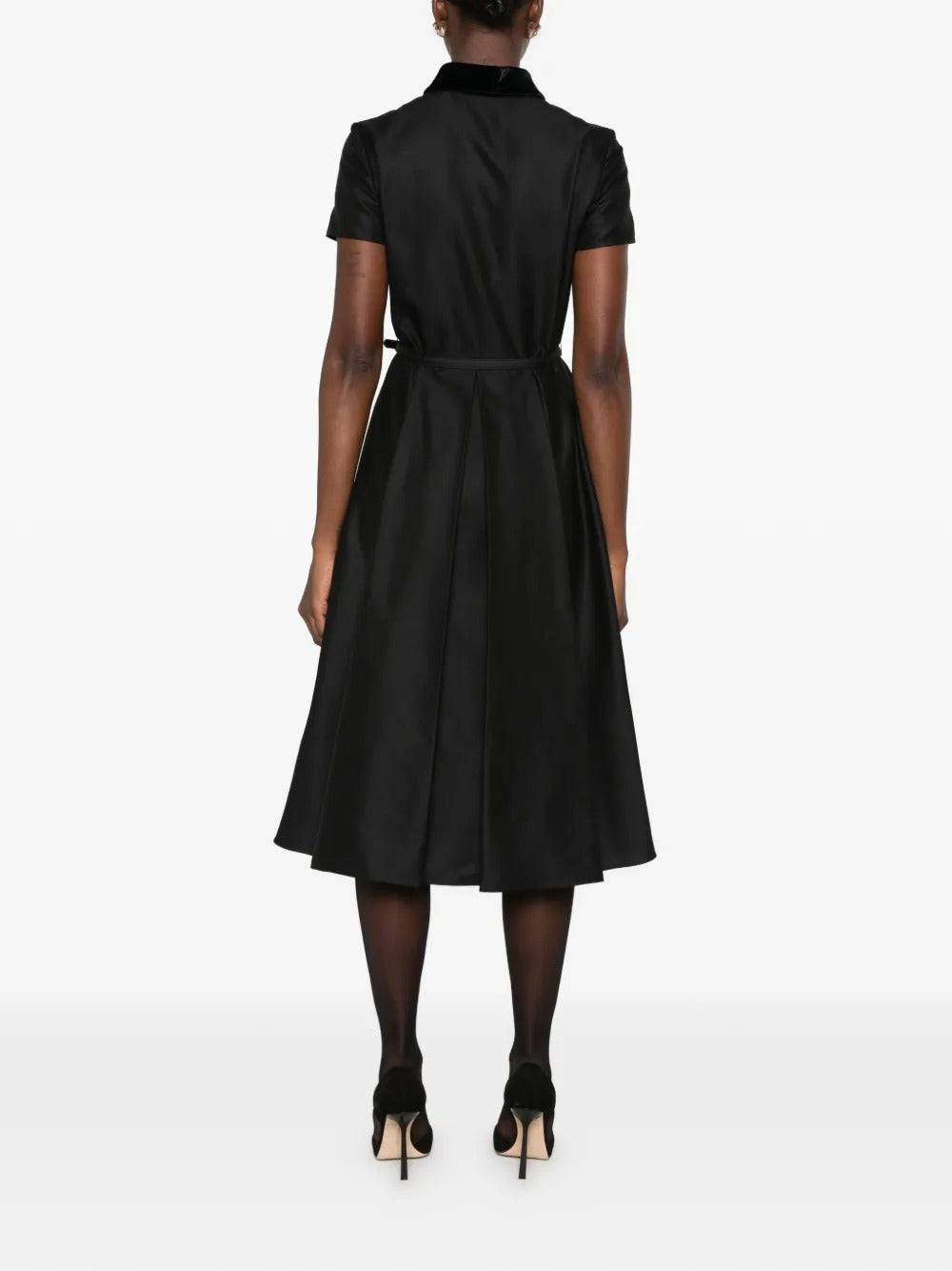 Velvet-collar belted midi dress