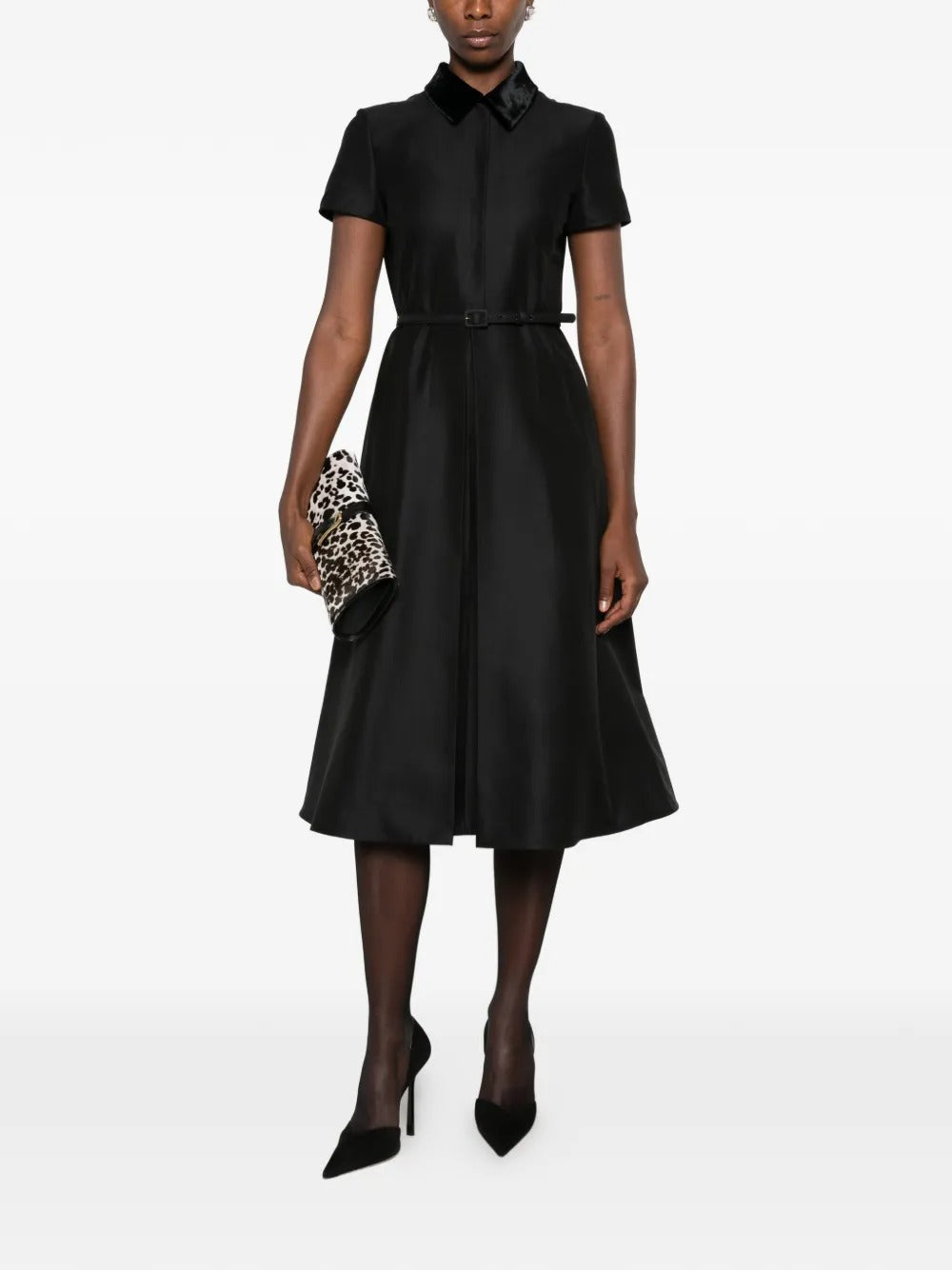 Velvet-collar belted midi dress