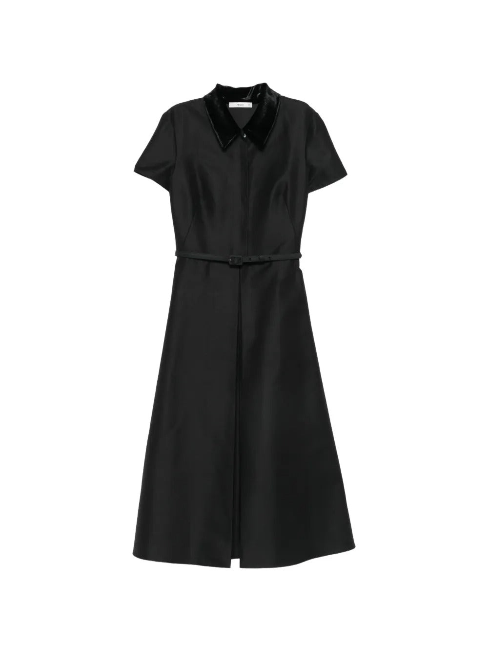 Velvet-collar belted midi dress