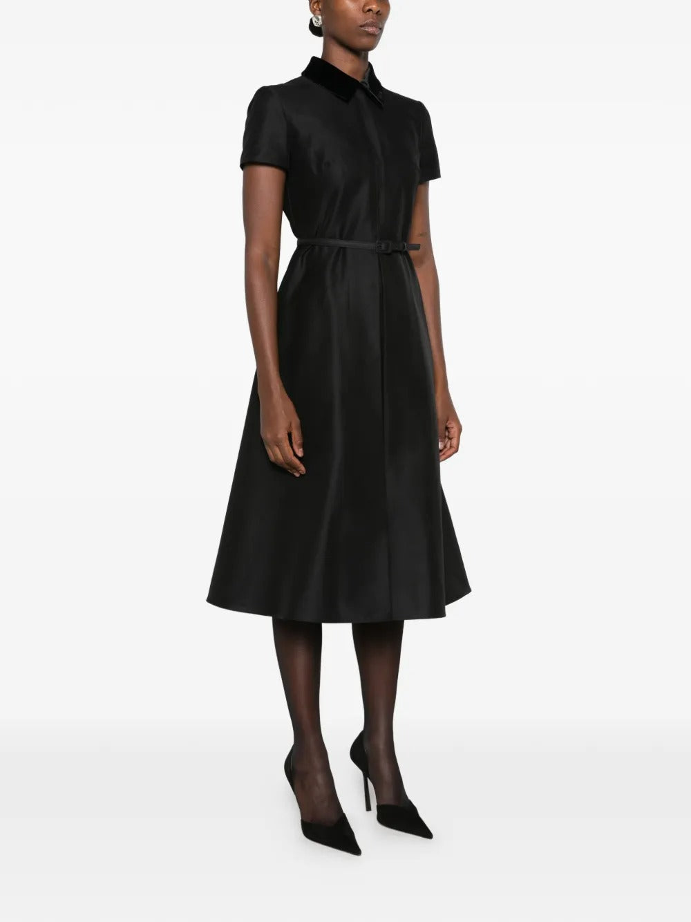 Velvet-collar belted midi dress