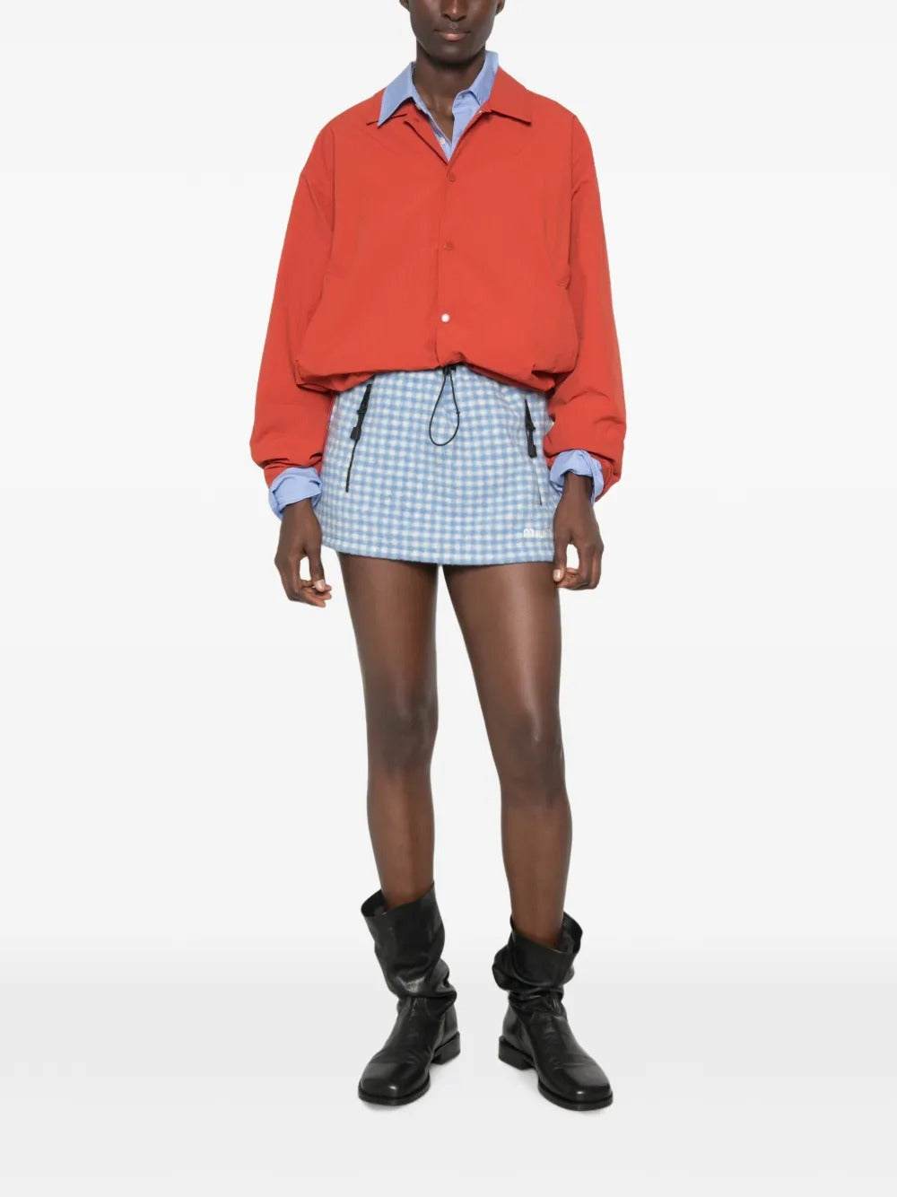 Vichy gingham drawstring-waist fleece mini skirt-MIU MIU-Verso