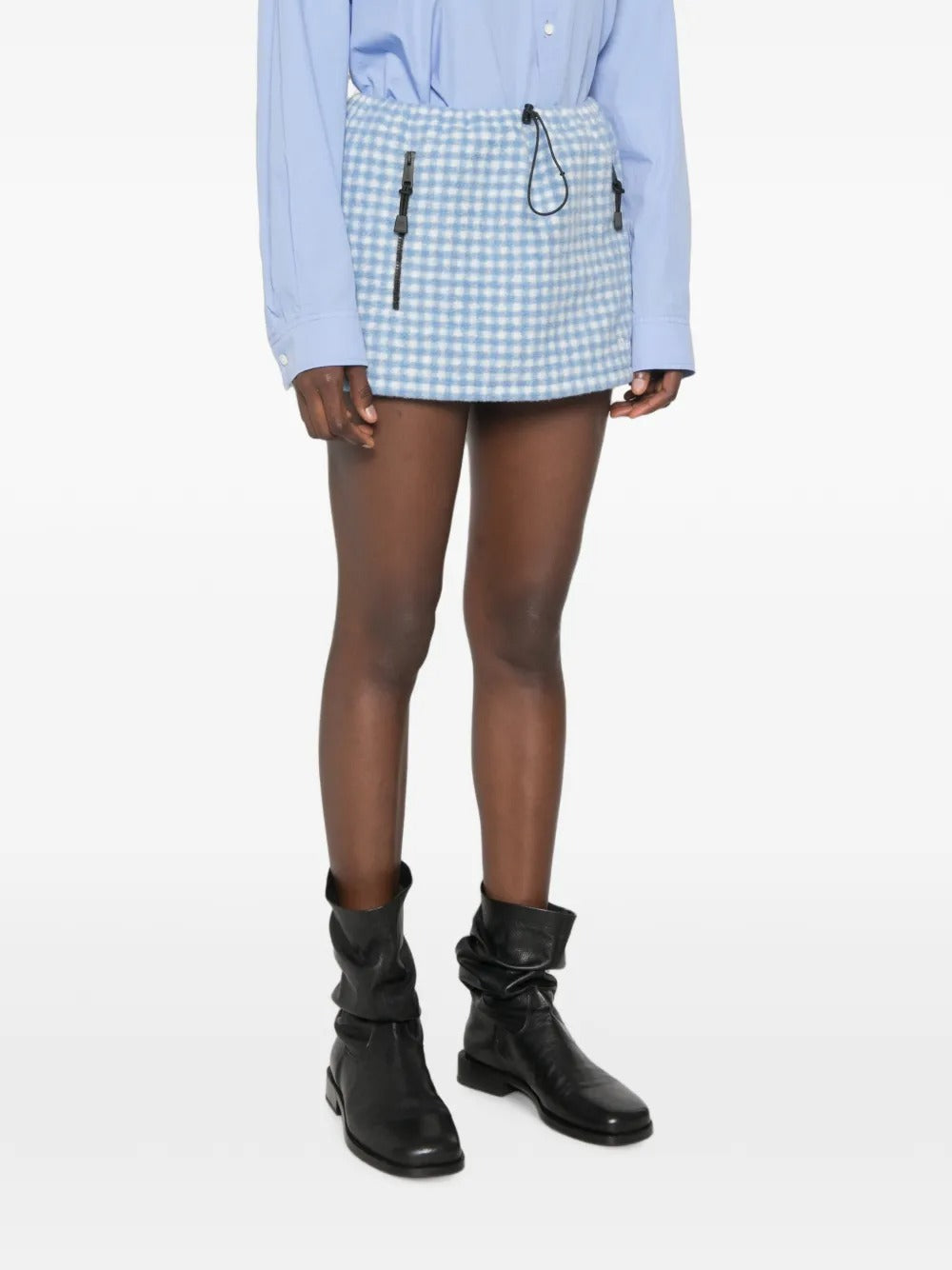 Vichy gingham drawstring-waist fleece mini skirt-MIU MIU-Verso