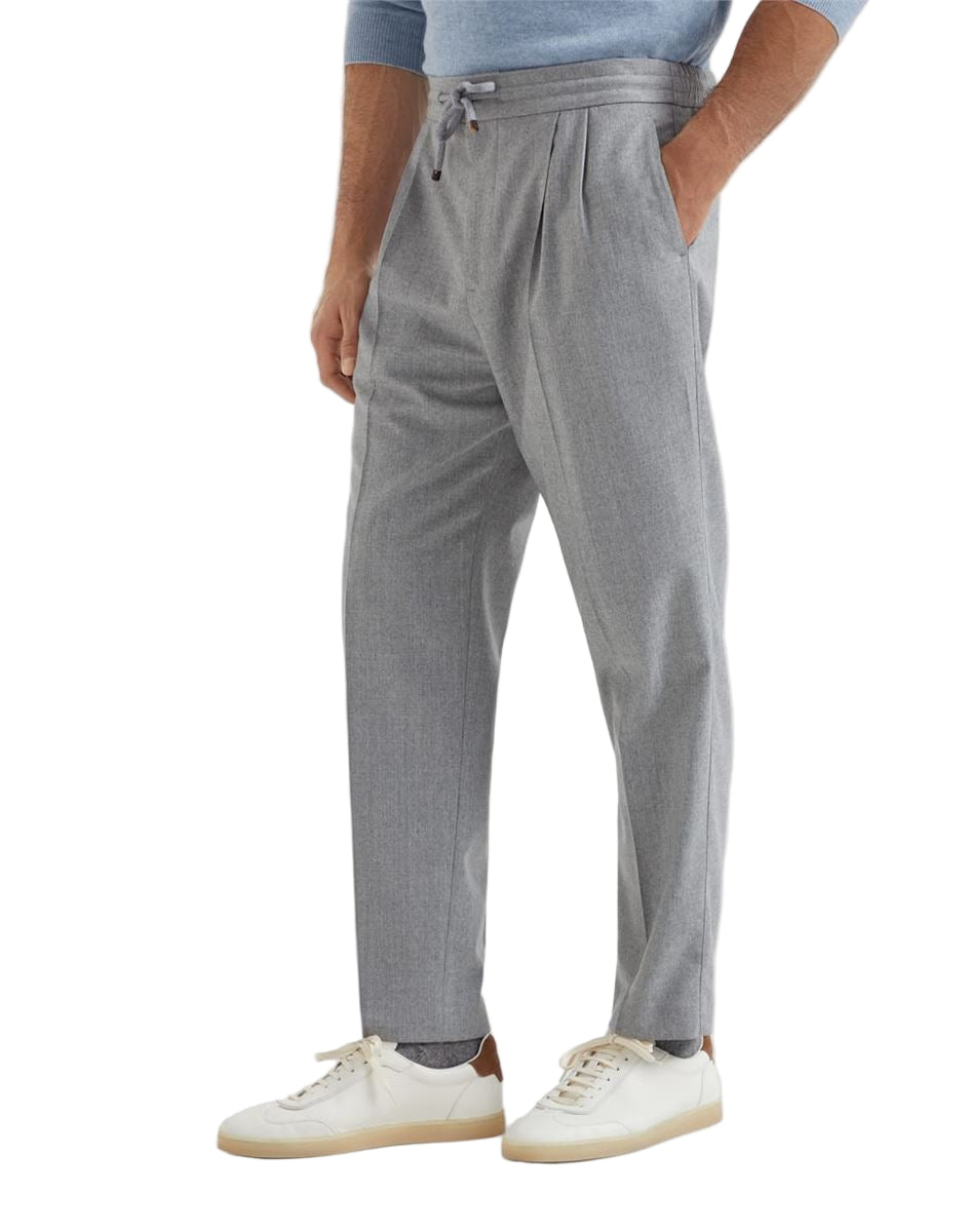 virgin wool flannel leisure fit trousers with drawstring and double pleats-BRUNELLO CUCINELLI-Verso