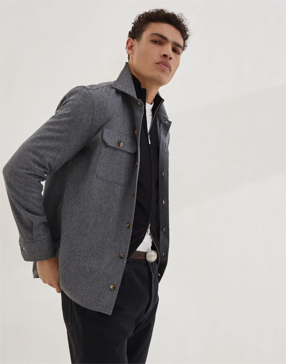 virgin wool flannel overshirt with chest pockets-BRUNELLO CUCINELLI-Verso