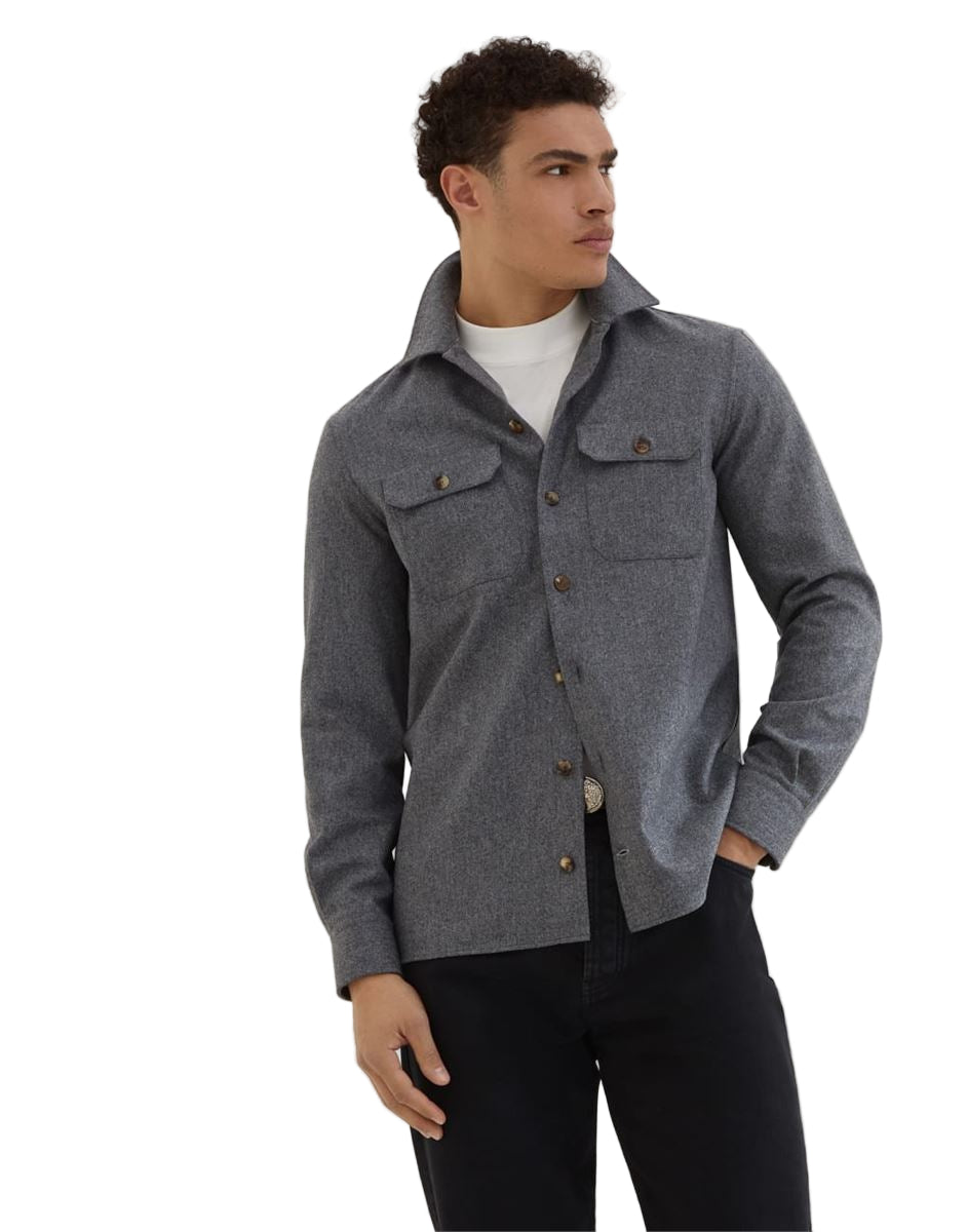virgin wool flannel overshirt with chest pockets-BRUNELLO CUCINELLI-Verso