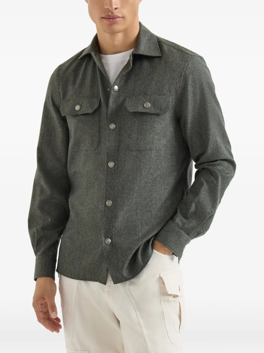 Virgin wool flannel overshirt with spread collar and chest pockets-BRUNELLO CUCINELLI-Verso