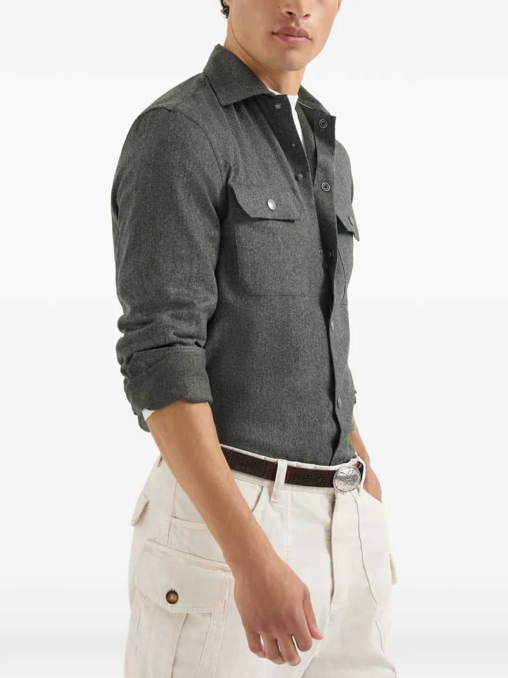 Virgin wool flannel overshirt with spread collar and chest pockets-BRUNELLO CUCINELLI-Verso