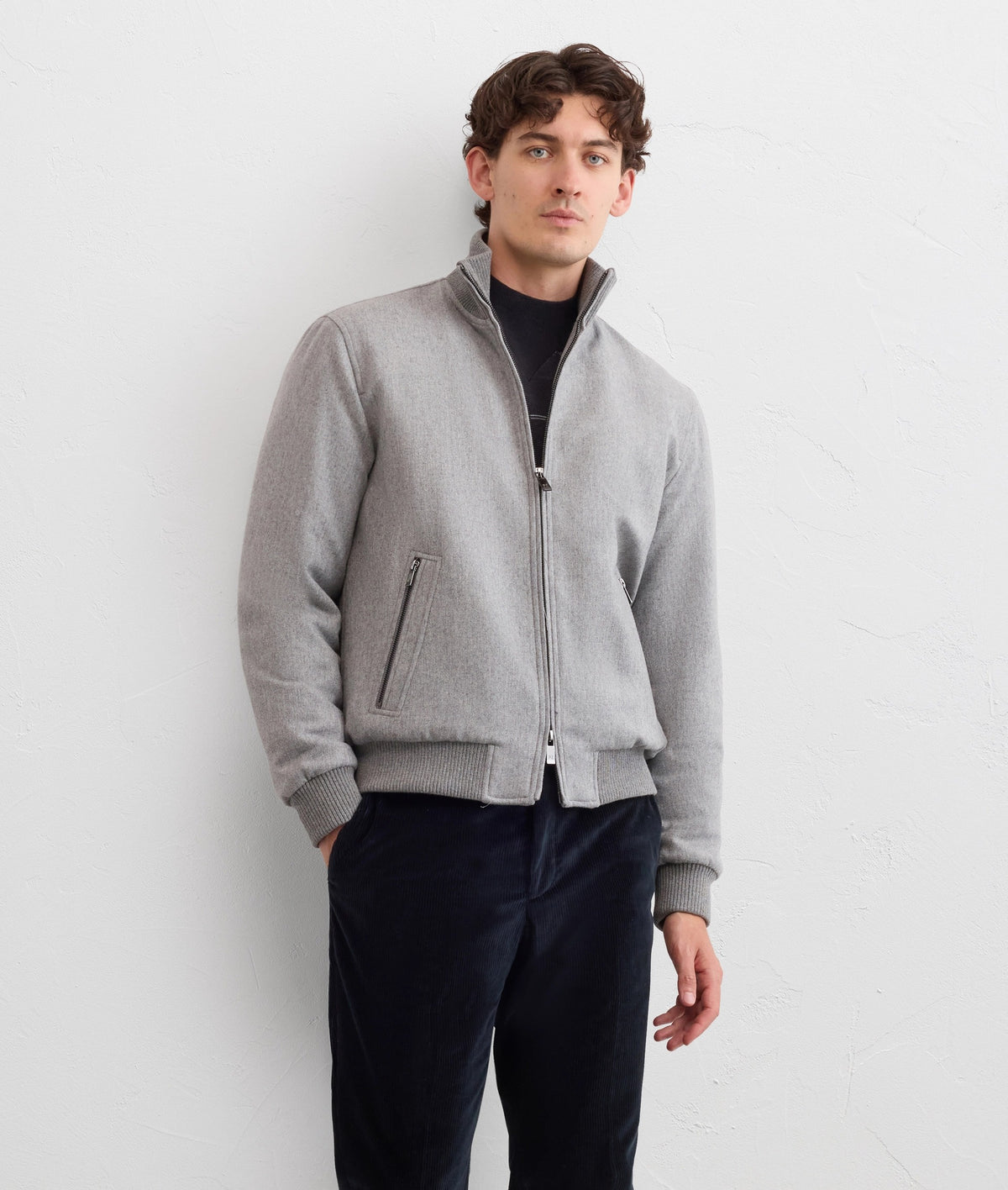 Water repellent wool and polyester light grey bomber blouson-PAL ZILERI-Verso