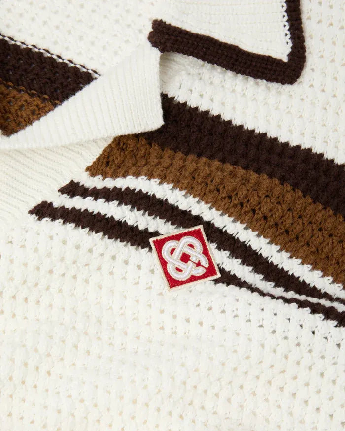 White & brown tennis stripe crochet short sleeve shirt-CASABLANCA-Verso