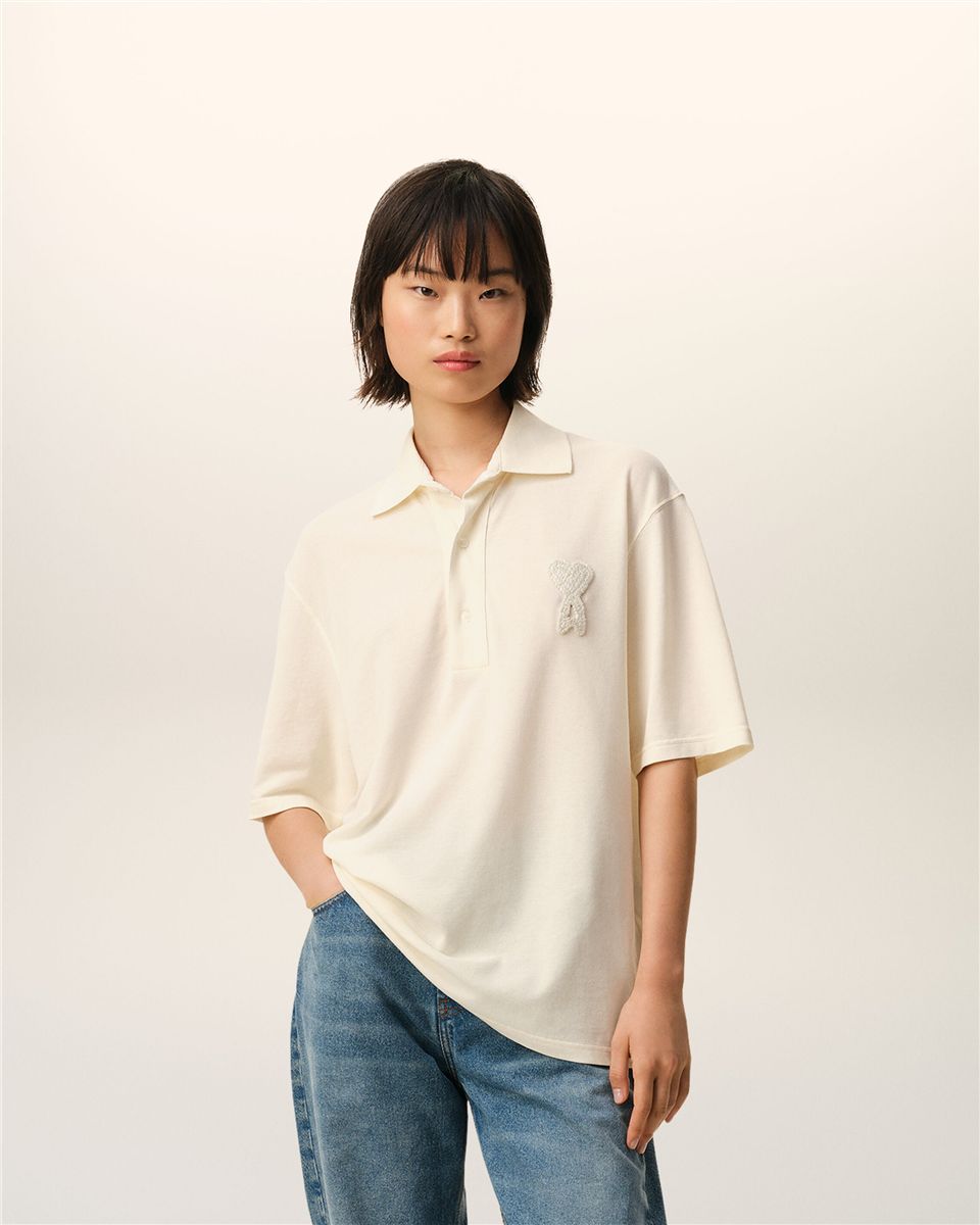 White cotton ami de coeur knitted patch polo-AMI-Verso