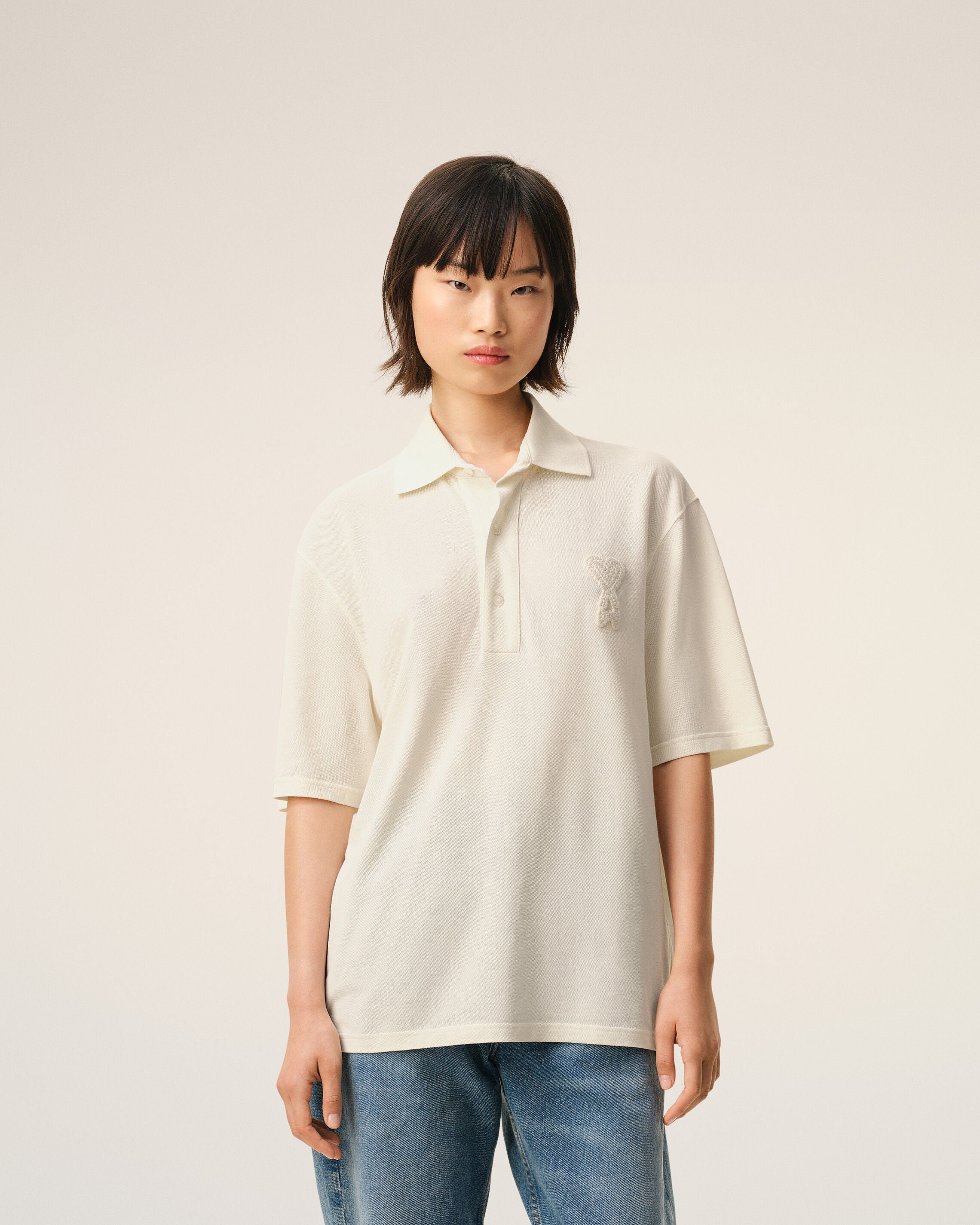 White Cotton Ami De Coeur Knitted Patch Polo-AMI-Verso
