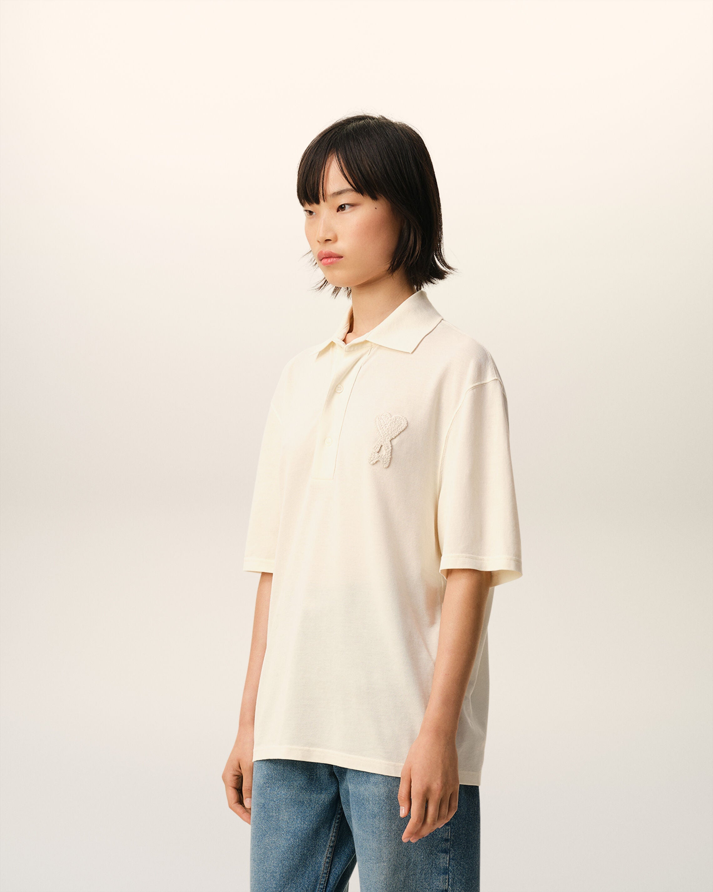 White Cotton Ami De Coeur Knitted Patch Polo-AMI-Verso