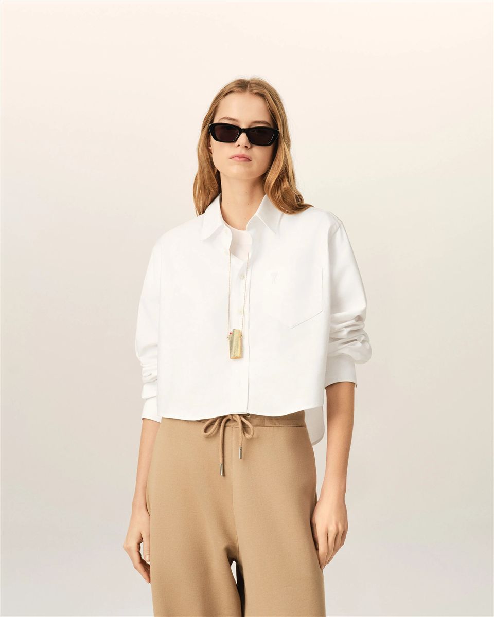 White cotton cropped shirt with embossed ami de coeur-AMI-Verso