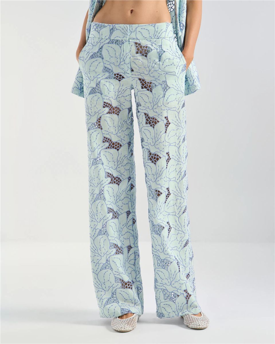 Wide-leg linen trousers with orchid embroidery-GENNY-Verso