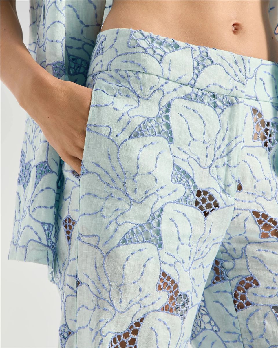 Wide-leg linen trousers with orchid embroidery-GENNY-Verso