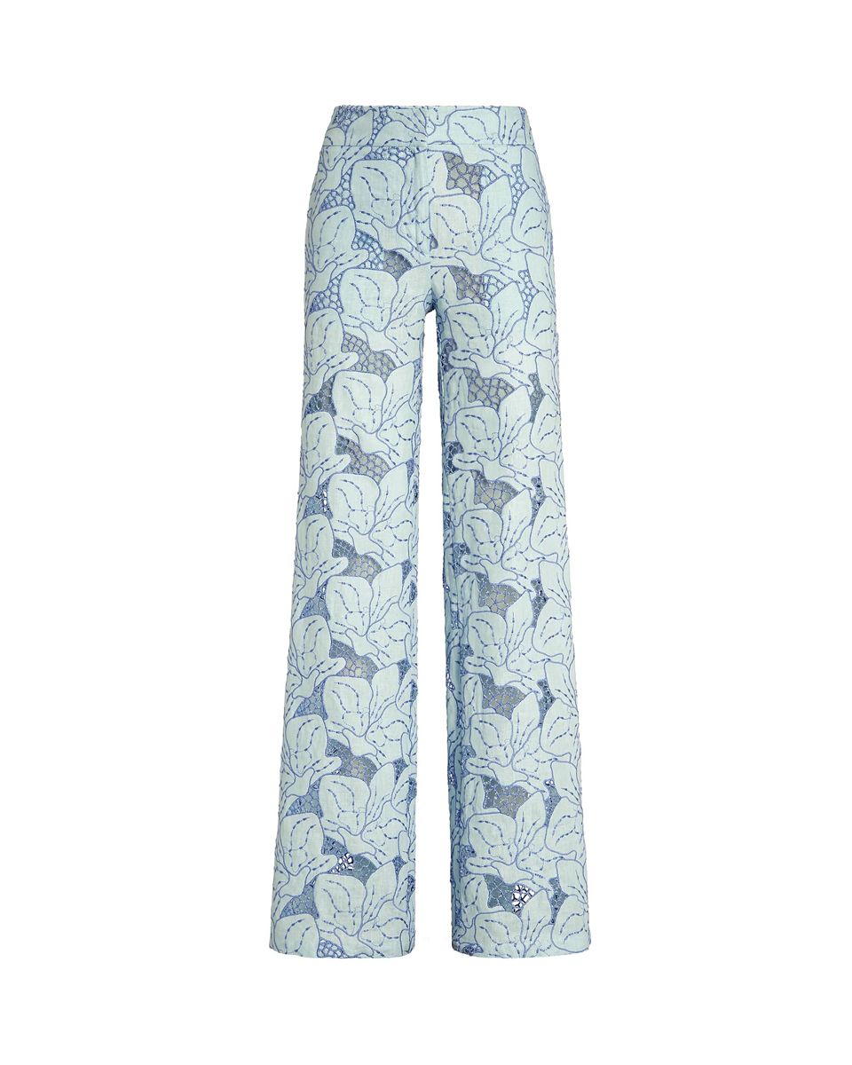 Wide-leg linen trousers with orchid embroidery-GENNY-Verso