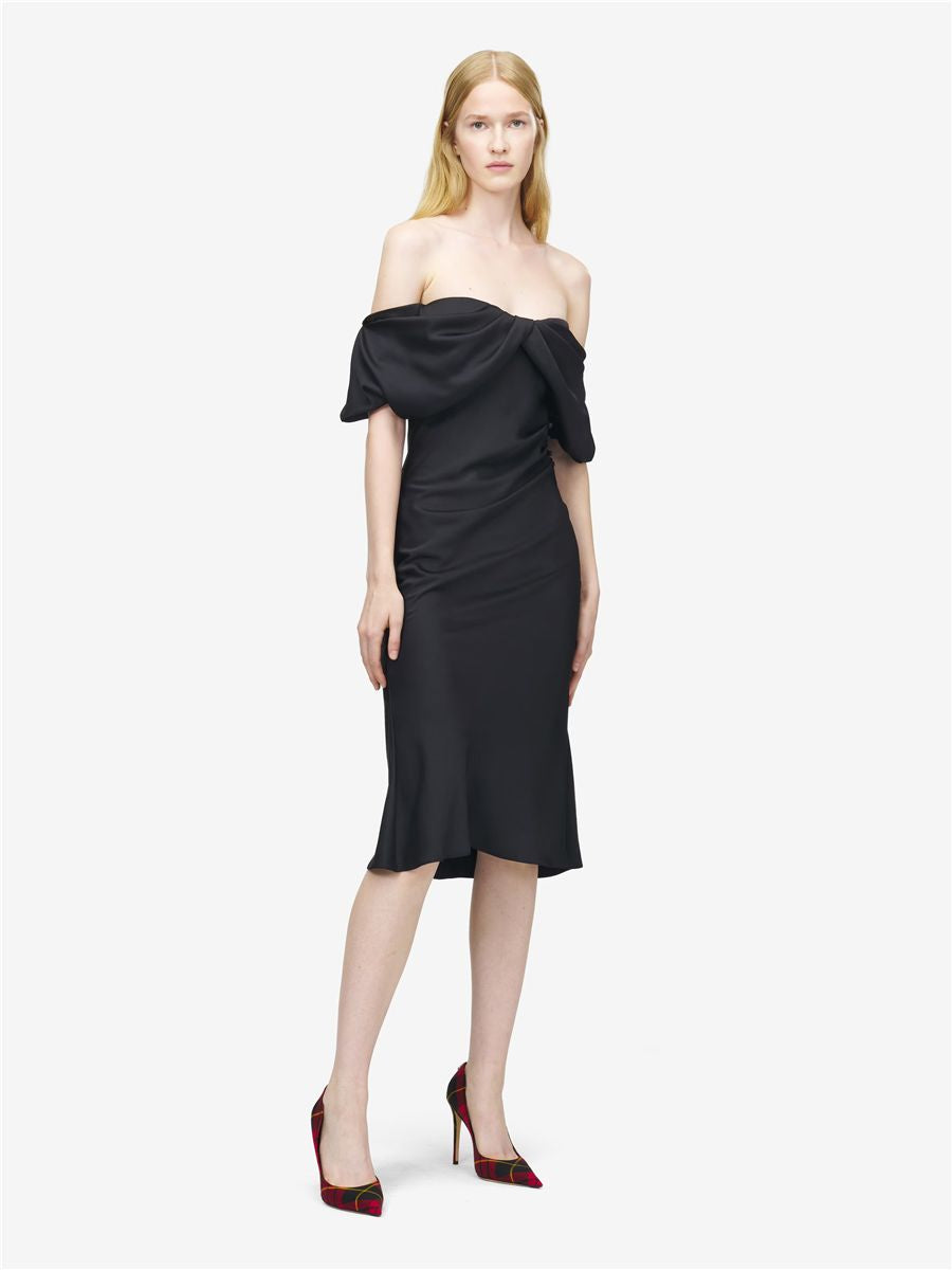 Women's off-the-shoulder draped evening dress in black-MCQUEEN-Verso