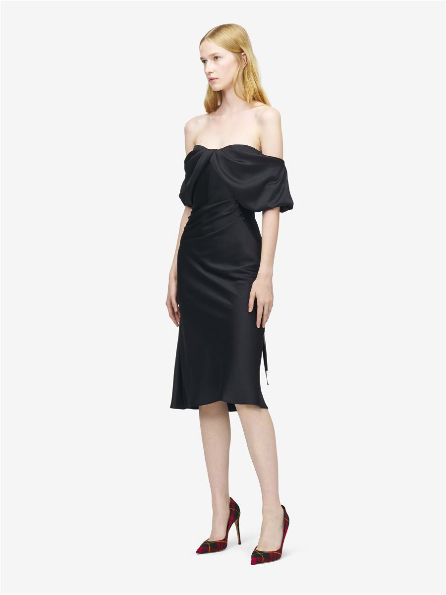 Women's off-the-shoulder draped evening dress in black-MCQUEEN-Verso
