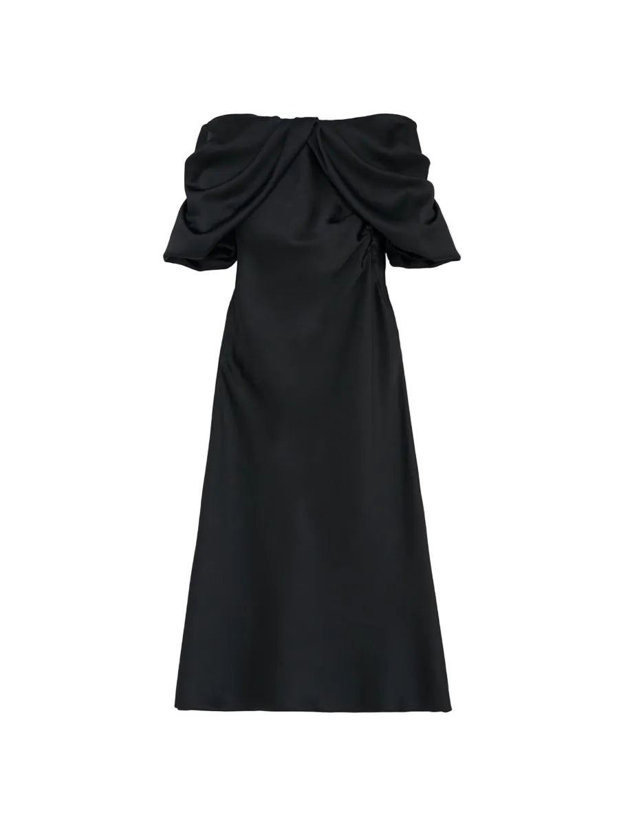Women's off-the-shoulder draped evening dress in black-MCQUEEN-Verso