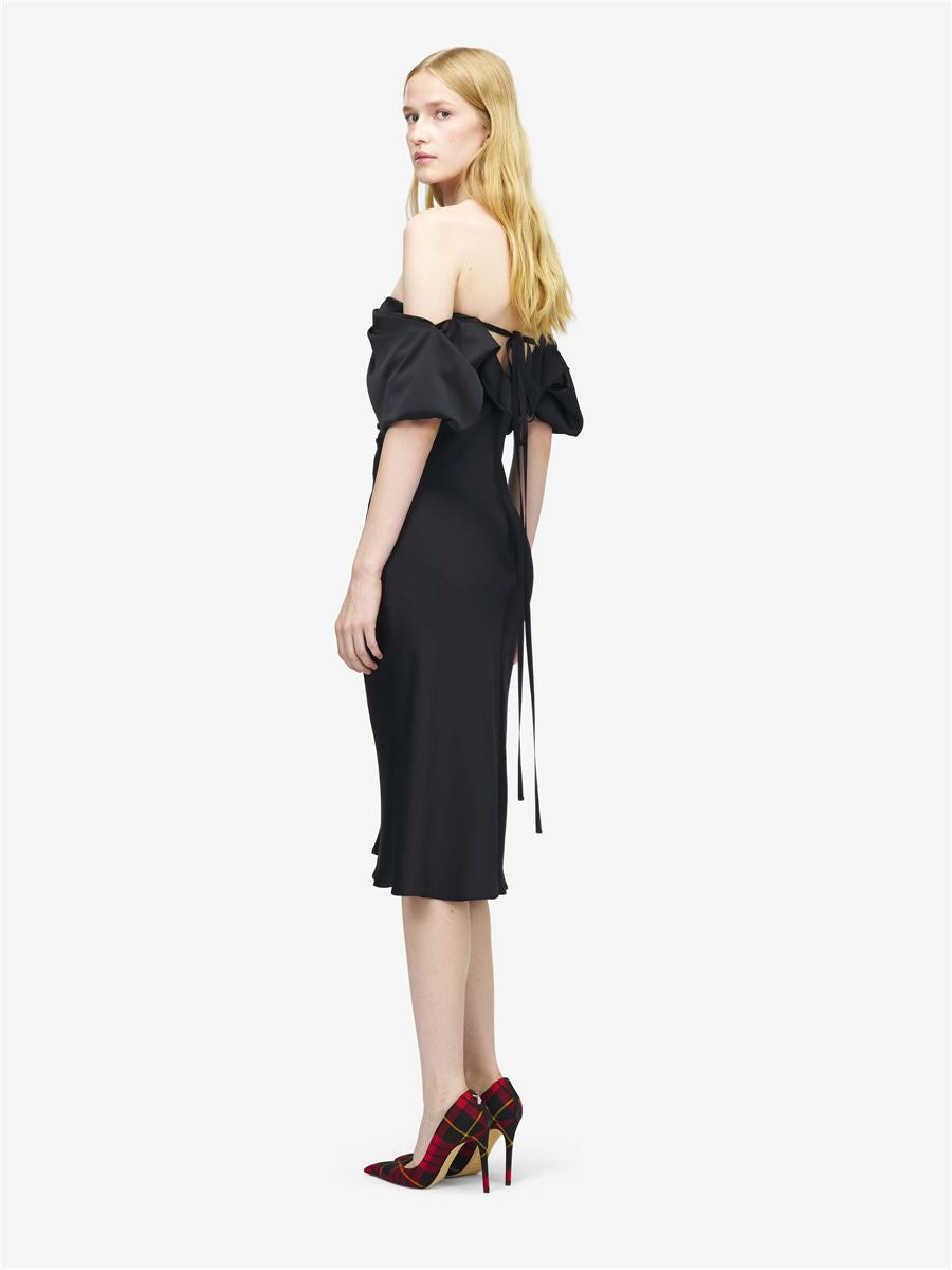Women's off-the-shoulder draped evening dress in black-MCQUEEN-Verso